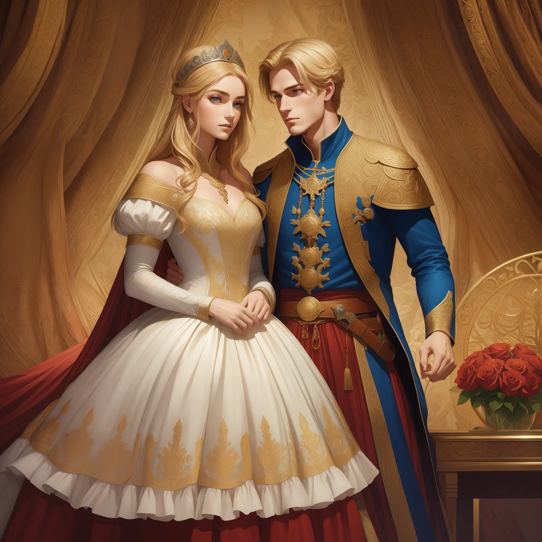 Casal se beija um home e uma mulher com muito carinho, the man Neels Visser is a prince who has golden blonde hair, wears a medieval military garb and is in love with the commoner, a mulher Lily Collins;, que tem cabelo preto moreno encaracolado e usa um vestido vermelho, Illustration of a novel book cover with a detailed background, liso, brilhante cheio de flores cobertas de hera e rosas vermelhas, castelo, Ornate dress standing on a bed of roses, Anel luminoso, dynamic lighting, ethereal lighting, ultra detalhe, arte conceitual, elegante, surreal, arte por Justin Gerard