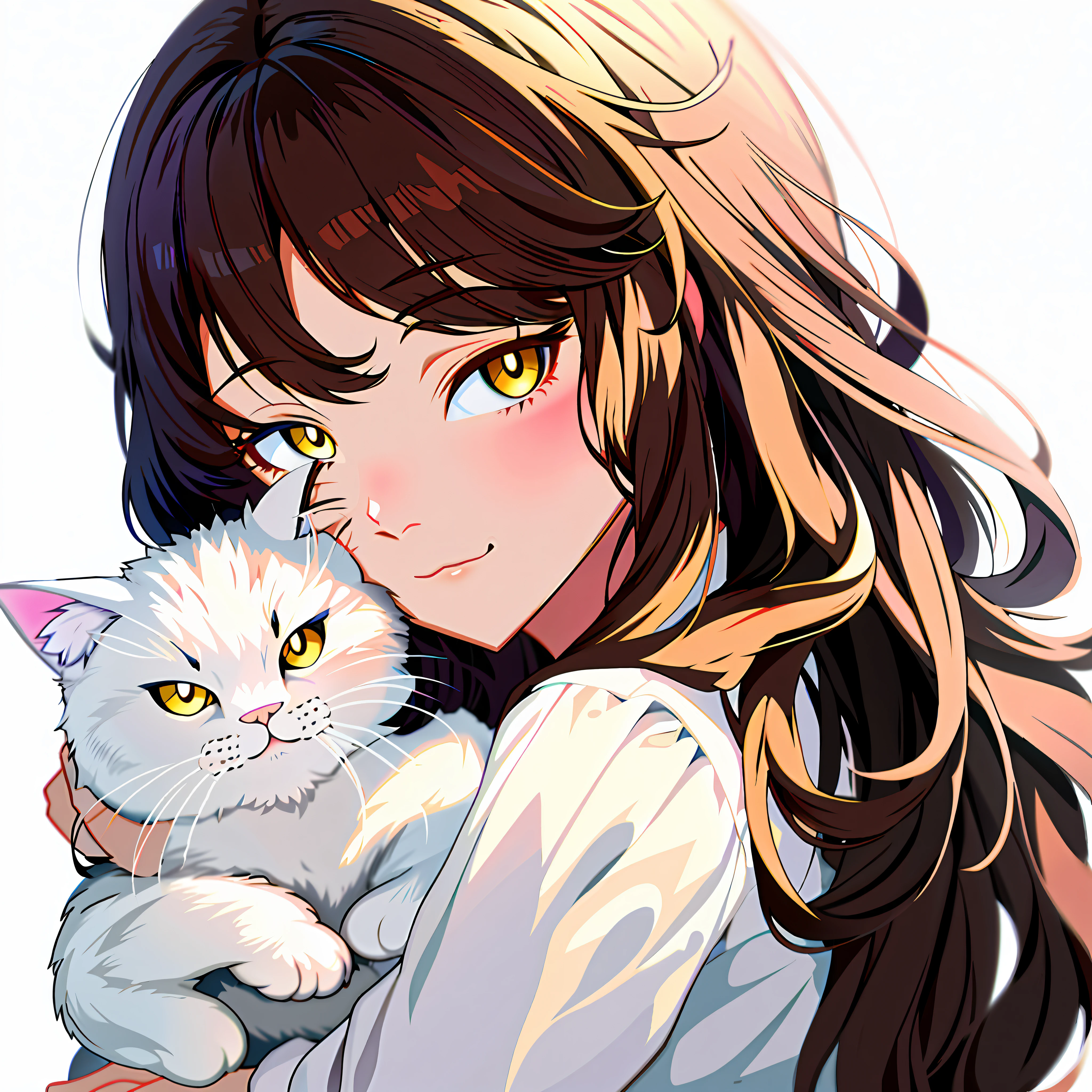anime girl with long brown hair holding a white cat, very beautiful cute catgirl, beautiful anime catgirl, WHITE， ( Cats, ) girl，，, white cat girl, cute anime catgirl, very beautiful anime cat girl, beautiful young catgirl, anime catgirl, Guweiz, attractive cat girl, artwork in the style of guweiz, kawaii realistic portrait, anime cat