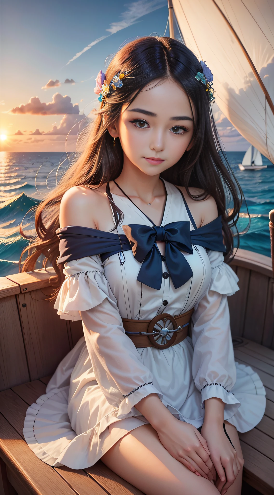 Young woman, 20yo, Beautiful looks, Sit on the bow, Long hair fluttering slightly, Elegant dress, Casual wear, azure ocean, Sunset, Background sky, smiled, Focused eyes, afar, Sail, gentle breeze, Waves lap, Wooden boat, Detail decoration, Harmony and nature, Peaceful and beautiful。 --auto --s2