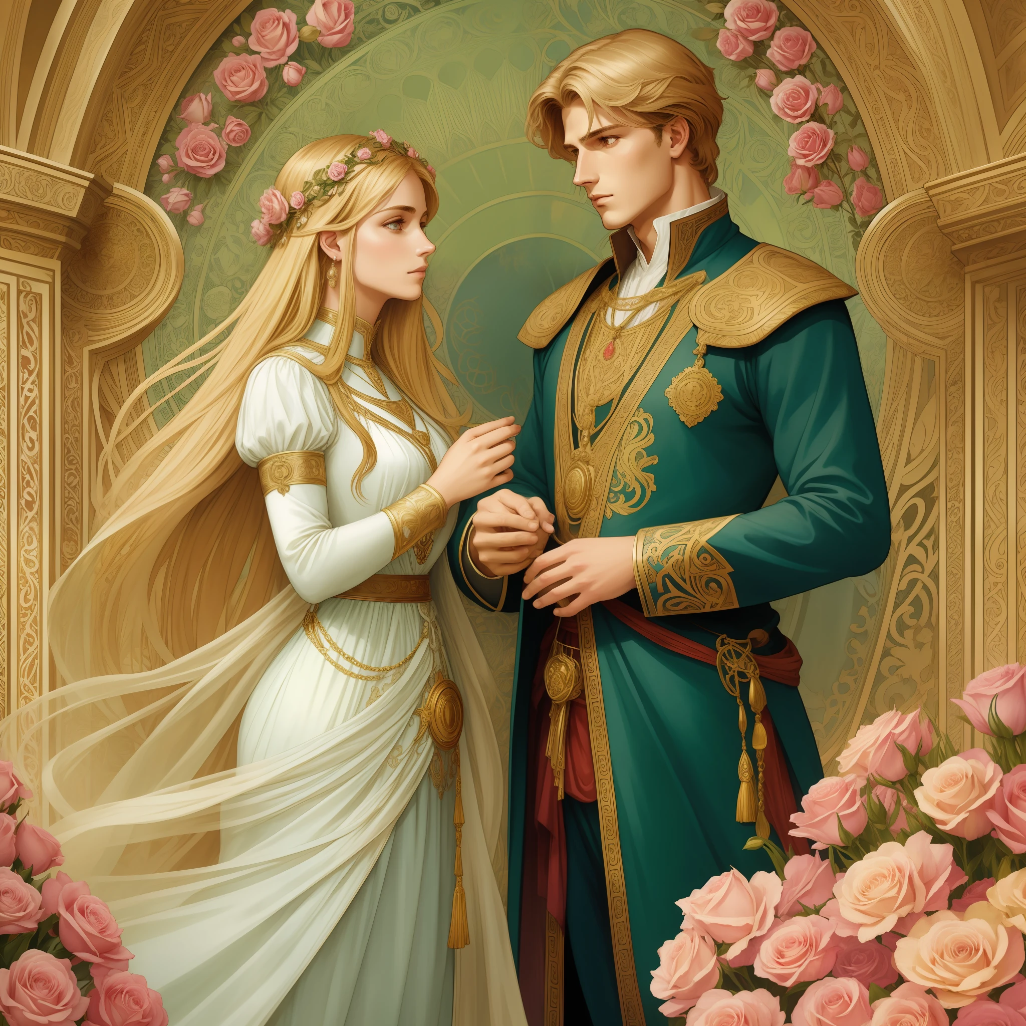 Casal se beija um home e uma mulher com muito carinho, the man Neels Visser is a prince who has golden blonde hair, wears a medieval military garb and is in love with the commoner, a mulher Lily Collins;, que tem cabelo preto moreno encaracolado e usa um vestido vermelho, Illustration of a novel book cover with a detailed background, liso, brilhante cheio de flores cobertas de hera e rosas vermelhas, castelo, Ornate dress standing on a bed of roses, Anel luminoso, dynamic lighting, ethereal lighting, ultra detalhe, arte conceitual, elegante, surreal, arte por Alphonse Mucha