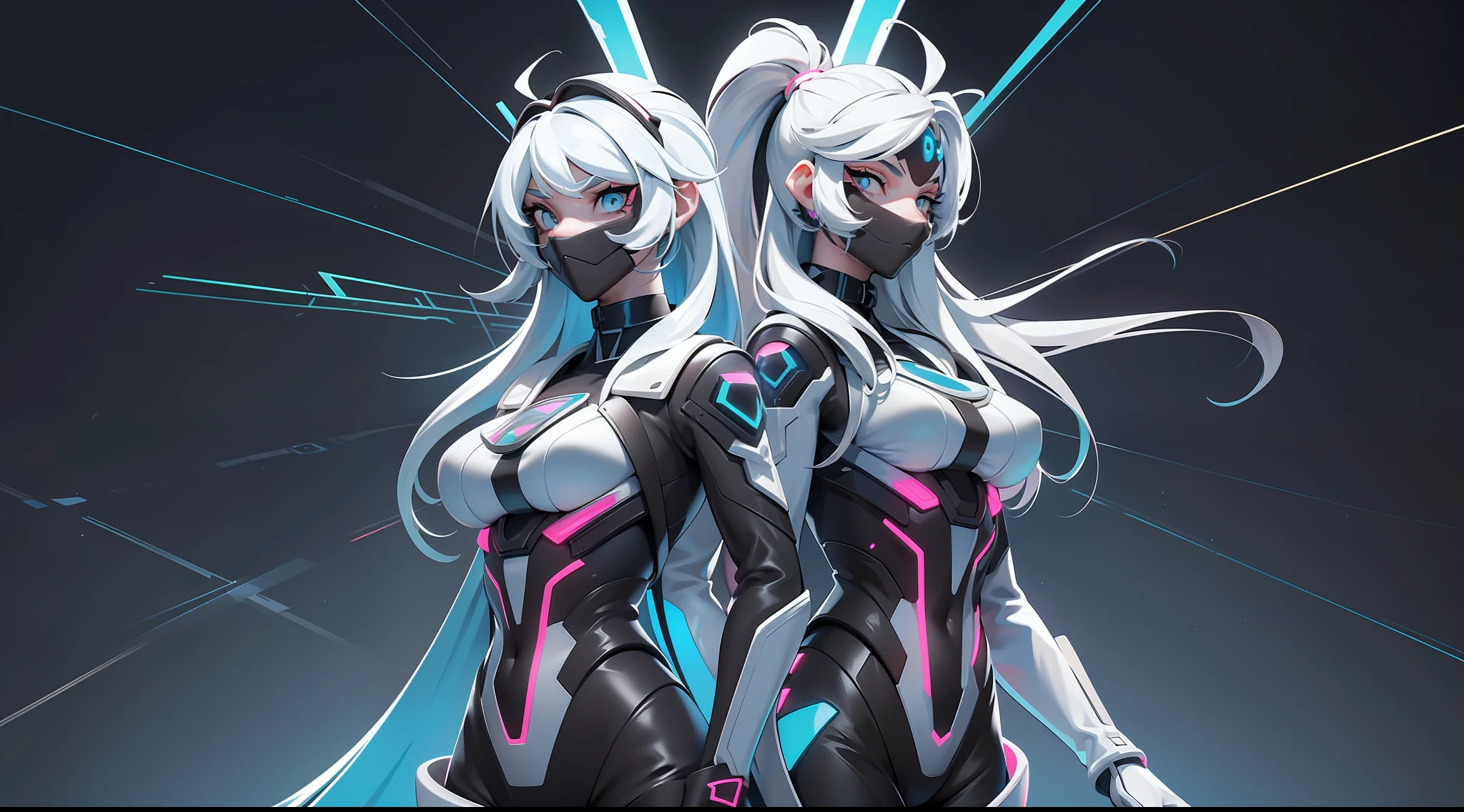 full body picture Unreal Engine 5 8K UHD of 2 beautiful twin girls, half black and half white hair, wearing futuristic black tight battle suit, half face cyberpunk mask, futuristic neck collar, cyan light details, beauty makeup, best quality, masterpiece