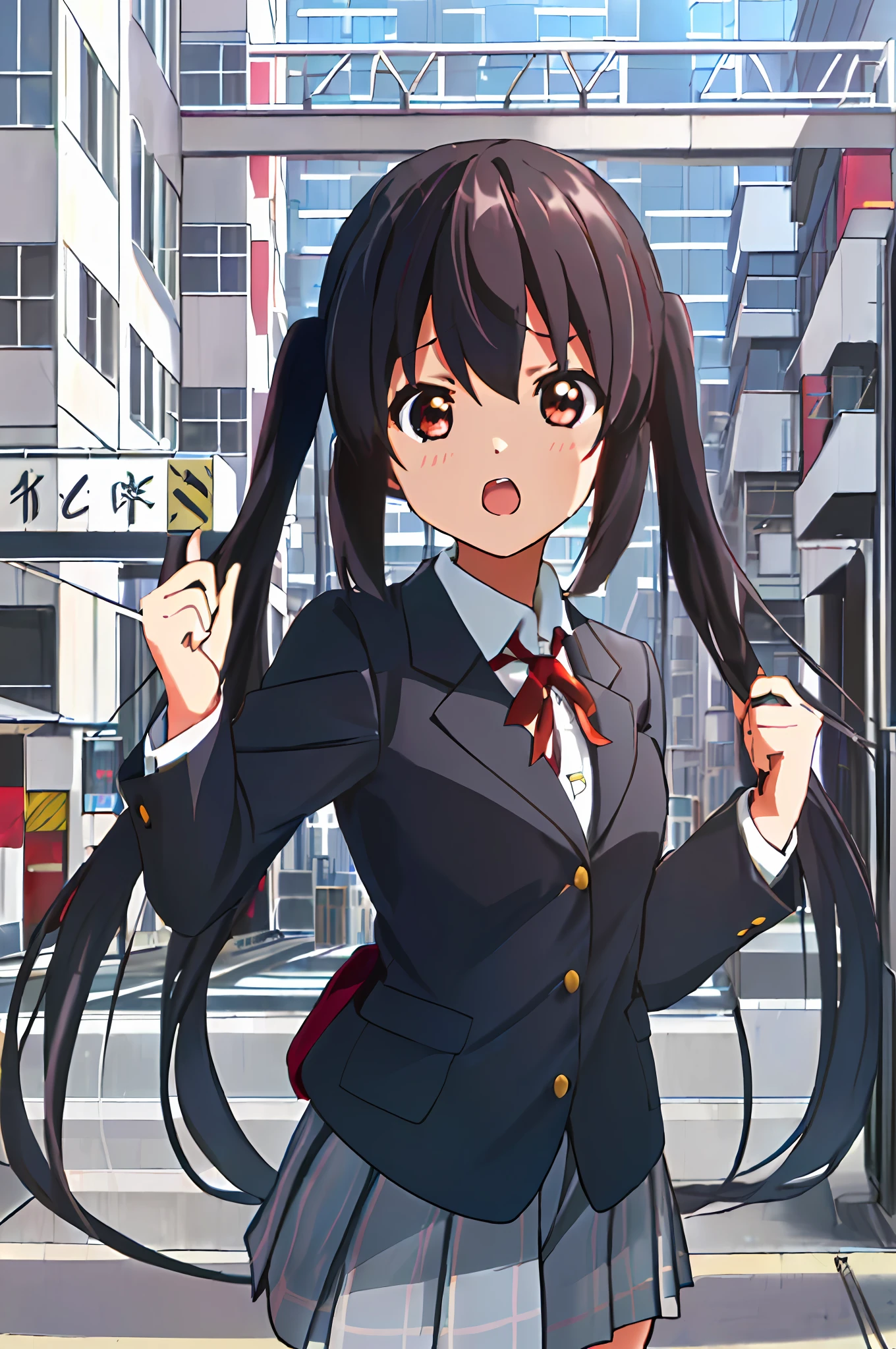 1girl, ((((Masterpiece))), Best Quality, Best Quality, High Detail, Azusa Nakano, 1girl, Sakuragaoka High School Uniform, Musical Instrument, School Uniform, Twin Tails, Long Hair, Black Hair, Brown Eyes, Solo, Red, Dark blue blazer with a thin ribbon of red, Solid white button shirt under blazer, Illustration, Cartoon, Soothing tones, Muted colors, Soft cinematic light, Adobe Lightroom, Photo Lab, HDR, complex and highly detailed, (((depth of field))))). (((Masterpiece))). (((highest quality))).) ((super detail))). (((Illustration))). (((Outside))). (((fighting stance))).,((((Giantization))).dynamic focus.small breasts. (((skyscrapers))). (((Cityscape))). (((Face of sadness))). open mouth、make a fist.