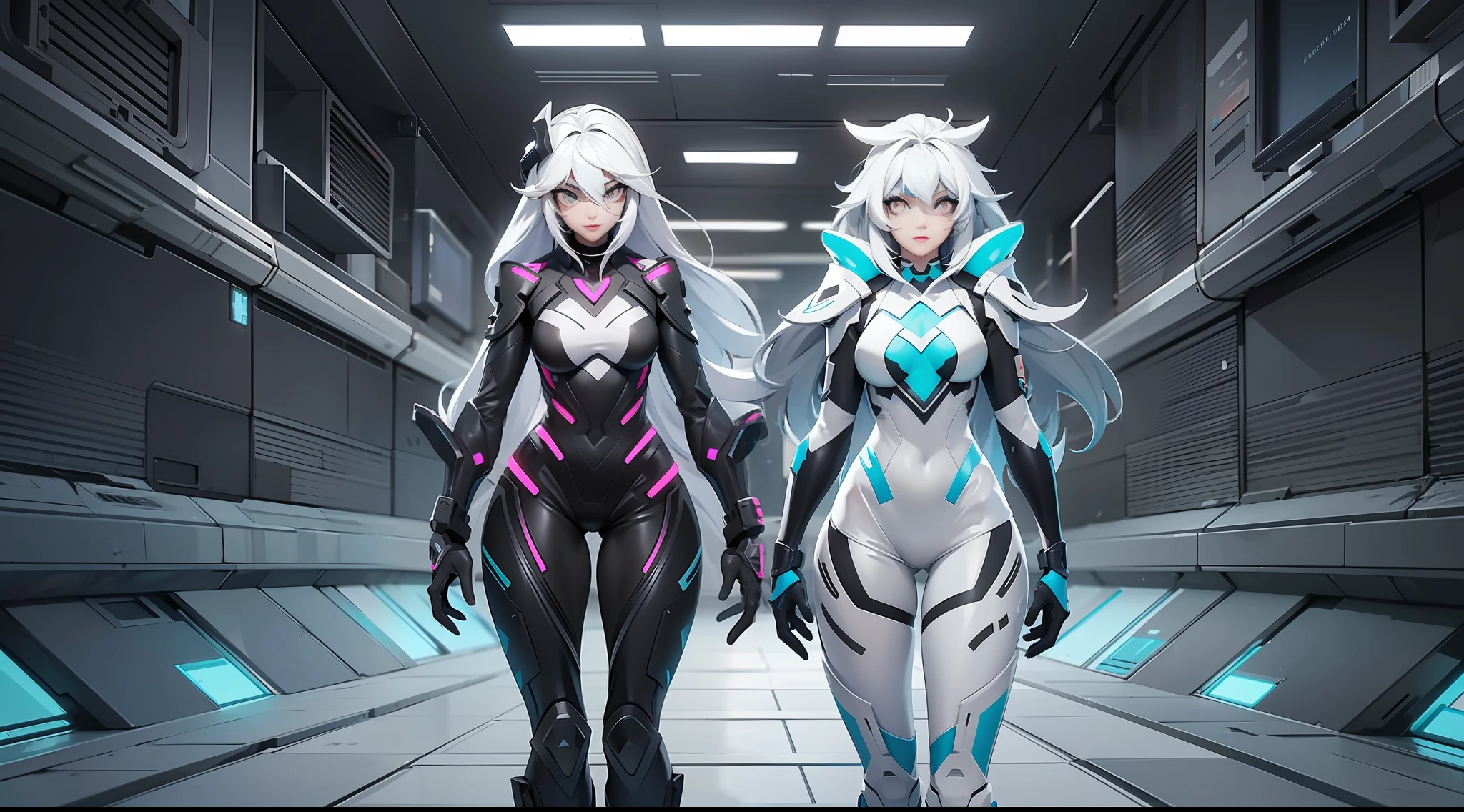 full body picture Unreal Engine 5 8K UHD of 2 beautiful twin girls, half black and half white hair, wearing futuristic black tight battle suit, half face cyberpunk mask, futuristic neck collar, cyan light details, beauty makeup, best quality, masterpiece