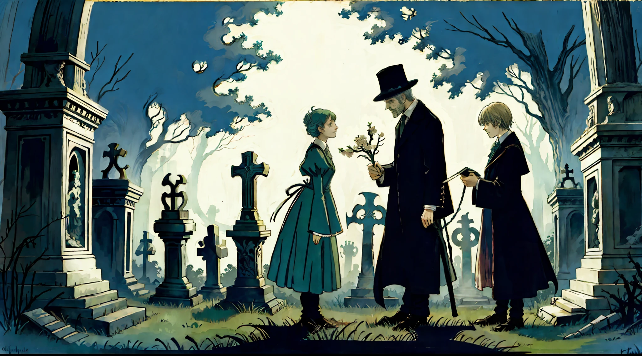 An elemental cryptid in an enchanting cemetery by Edward Gorey and Fritz Bleyl
