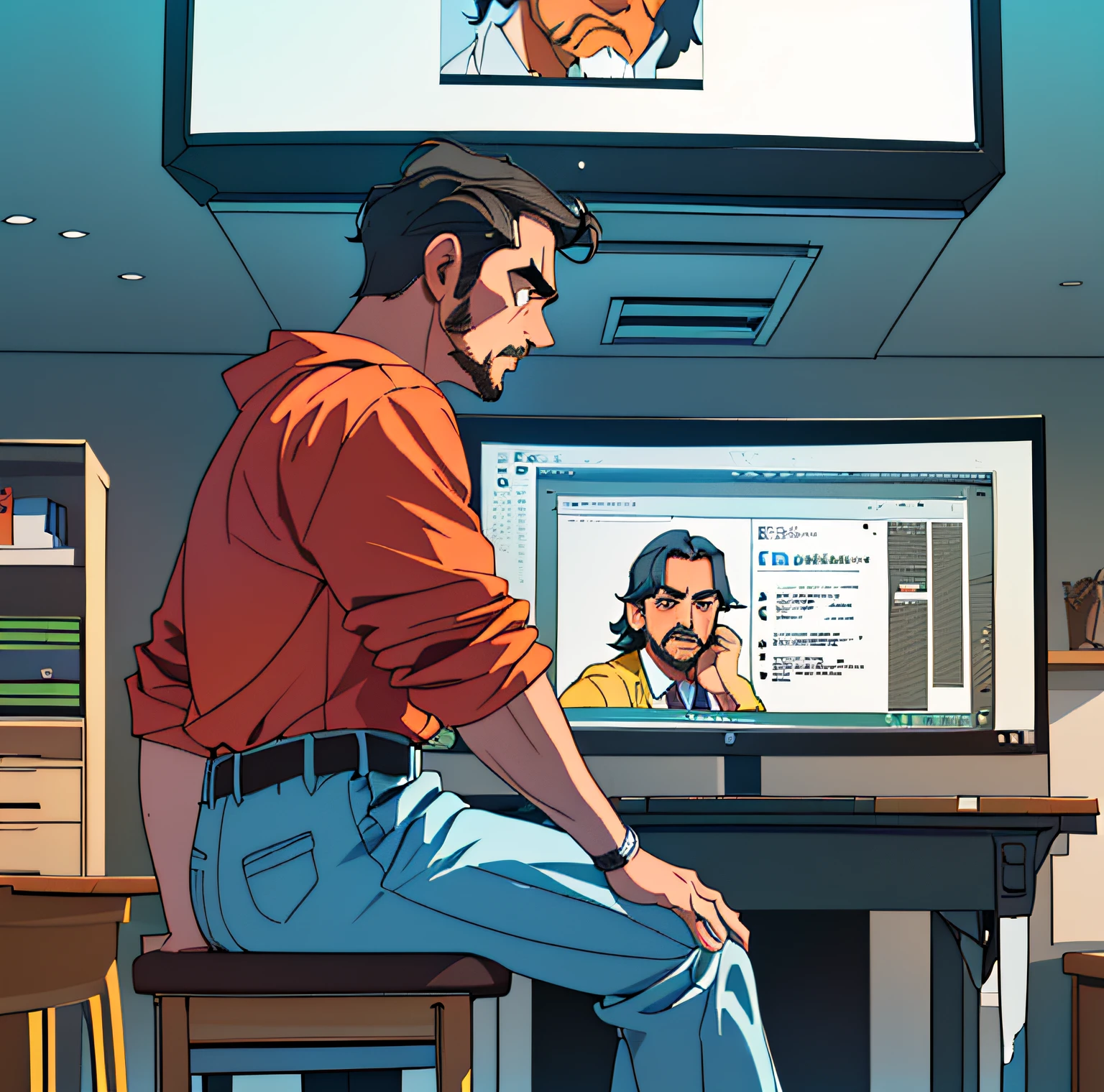 (mejor calidad, obra maestra), (((1hombre, A man is sitting at a desk, mirando la pantalla de su computadora, Look of frustration.)))