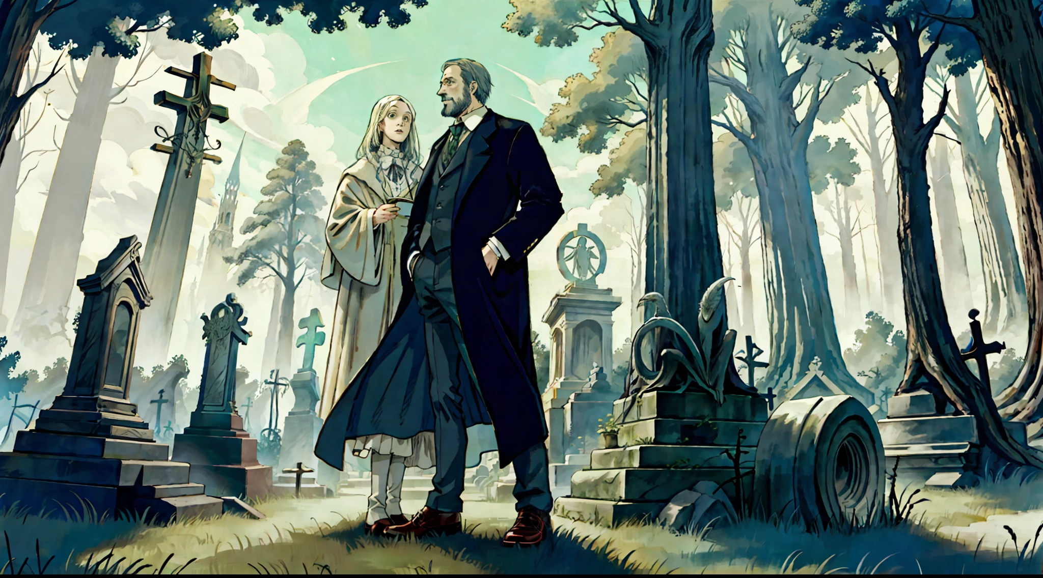 An elemental cryptid in an enchanting cemetery by Edward Gorey and Fritz Bleyl