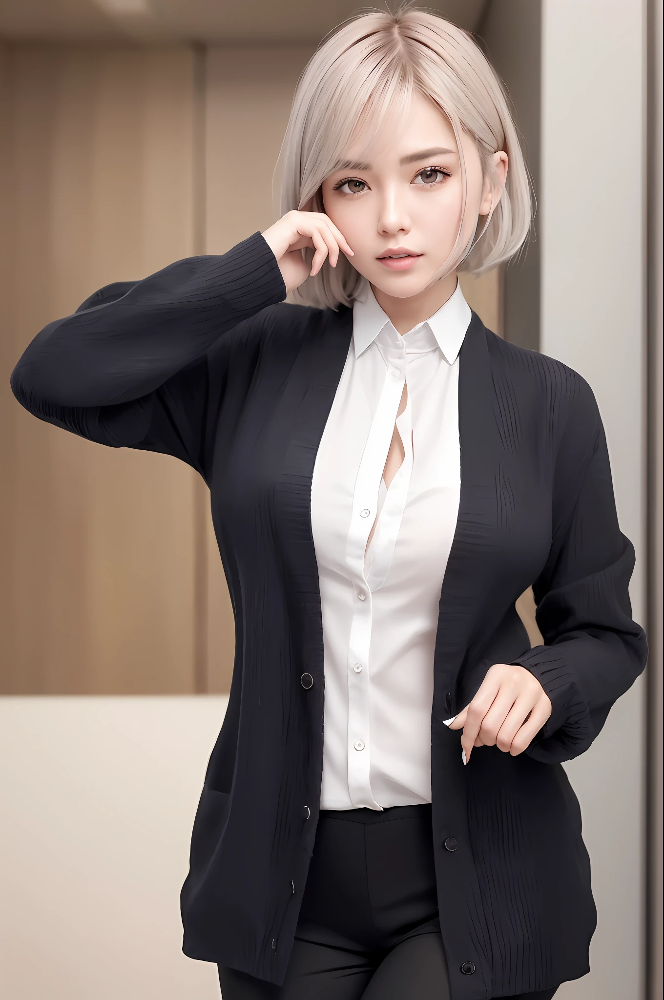 (RAW photo, best quality), (realistic, photo-realistic:1.3), Jeizuo, Extremely delicate and exquisite, Extremely meticulous, CG, unity , 2k wallpaper, Amazing, fine detail, light smile, extremely CG unity 8k wallpaper , hugefilesize, Hyperdetailed, highres, Ridiculous, softlighting, (((with short hair:1.3), short bangs, of silver hair, Fluttering novafrogstyle)), Nice detail girl, Finger Detail, The eyes and face are extremely detailed, Nice and delicate nose，Beautiful and delicate eyes，Long eyelashes，Shallow face，looks at the viewer，（Shut Up：1.2），1girl，cuteness，Younger，mature face，（All over body：1.3），（Medium Breast），Realistic Face，Realistic body, beautiful detailed thigh, (ulzzang-6500-v1.1:0.8), business suit, Cross-lace-up clothes, collared shirt, open clothes, in the office, Detailed office, Open cardigan, Black stockings, Transparent yoga pants,