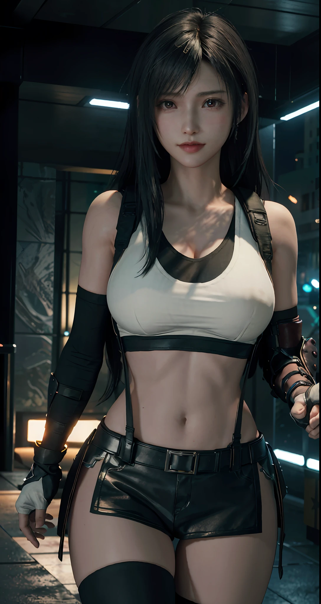 (8ｋ、highest quality、A masterpie:1.2)、(Realistic、photorealistic:1.3 Person 7)、Super Detailed、Girl 1 Mature Mature Woman Mature Woman Person、cutest、solo、、、、、、(tifa lockheart)、(big chest)、(((Huge boobs)))、(((Shift clothes to show bra)))、(((a black bra)))、(beautiful eye)、(smiling smile:1.2)、(Closed)、erotic pose、dance、neons、street scenery、and depth of field、Dark and strong shadows、Sharp focus、auto、motion blur、bike、and depth of field、composition、Glowing green light、Final Fantasy VII、tool、（nose blush）、Single Elbow Pad、Ankle Boots、dark black hair、black thigh、red boots、Elbow Gloves、Elbow pads、Fingerless Gloves、Taut Shirt、sports bra、（suspenders,,,,,）Black Skirt)、thights、white tank top、All over body、head rest、s lips、Facial、Low Tai Long Hair、(red_Ojo))、Yellow flowers、(night:1.3)、Complex、Bokeh、Cinematic Lighting、Photon mapping、Radiosity、physically based rendering、(Tetsuya Nomura Style)、NSFW、Perfect Breast