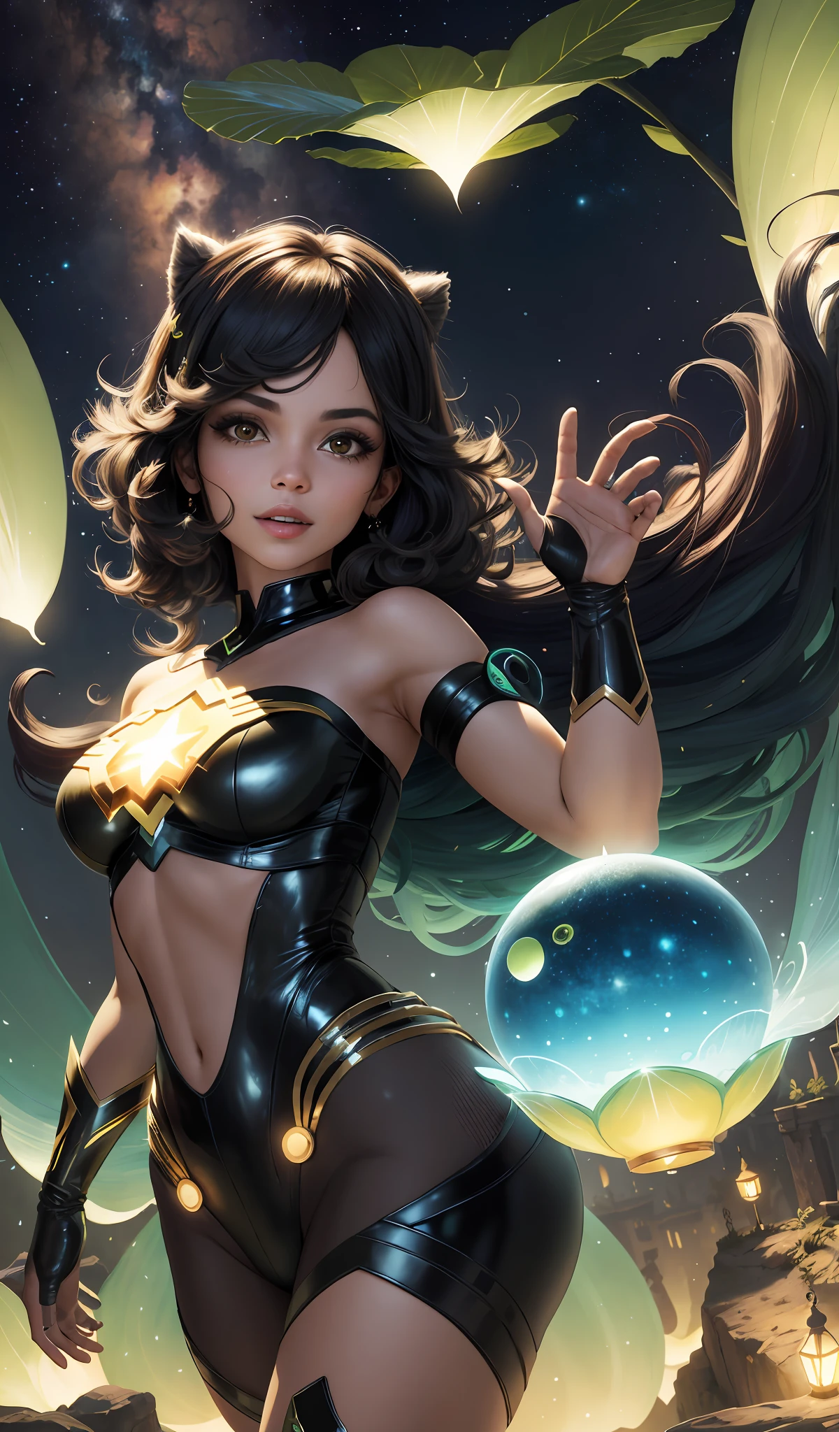 4k, realista, charismatic, muito detalhado, haja's a girl in heaven, pelo negra vestindo fantasia de super garota/lanterna verde, ela's super , superhero theme, cabelo curto, 25 anos, corpo inteiro