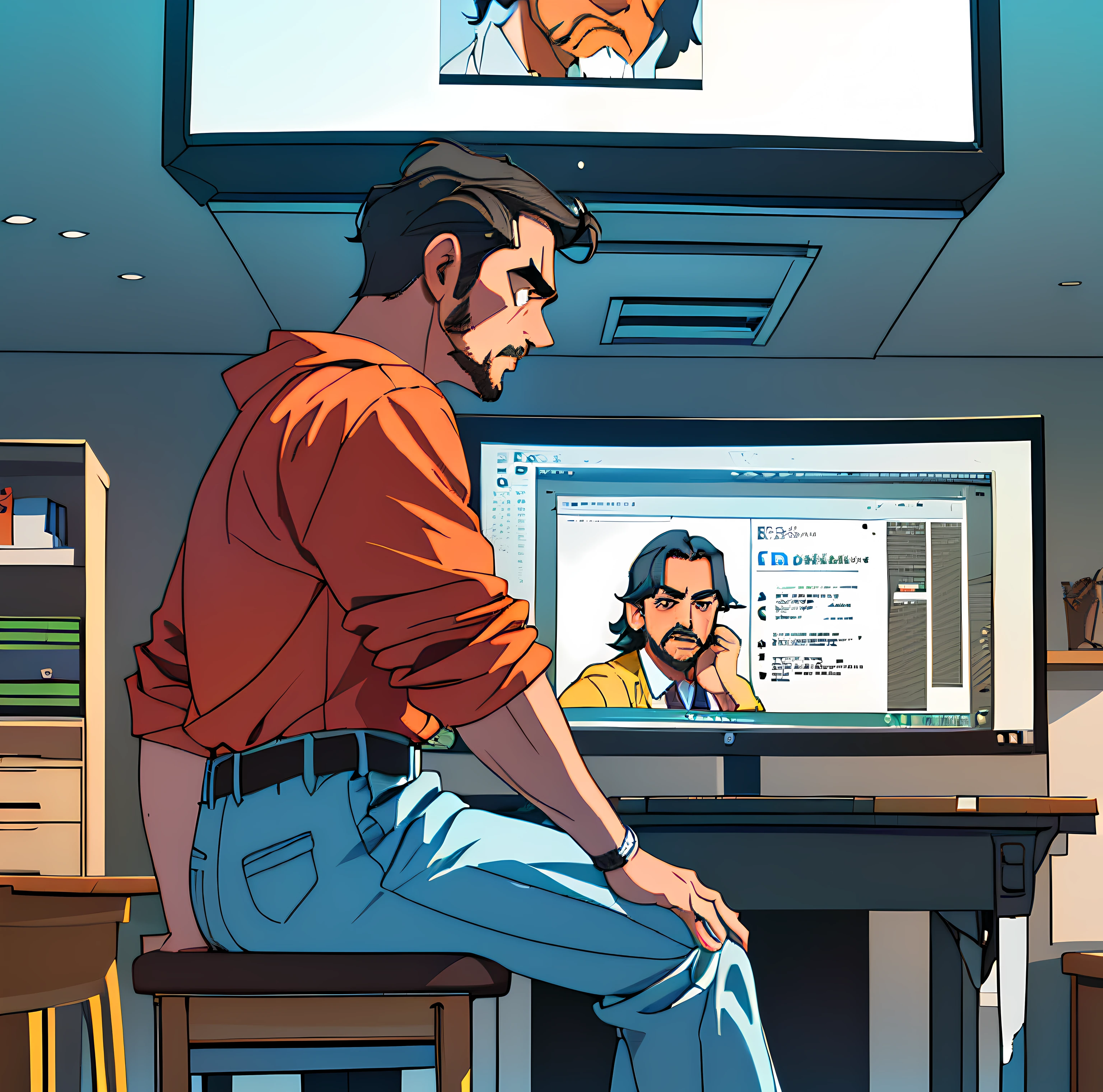 (mejor calidad, obra maestra), (((1hombre, A man is sitting at a desk, mirando la pantalla de su computadora,  Look of frustration.)))
