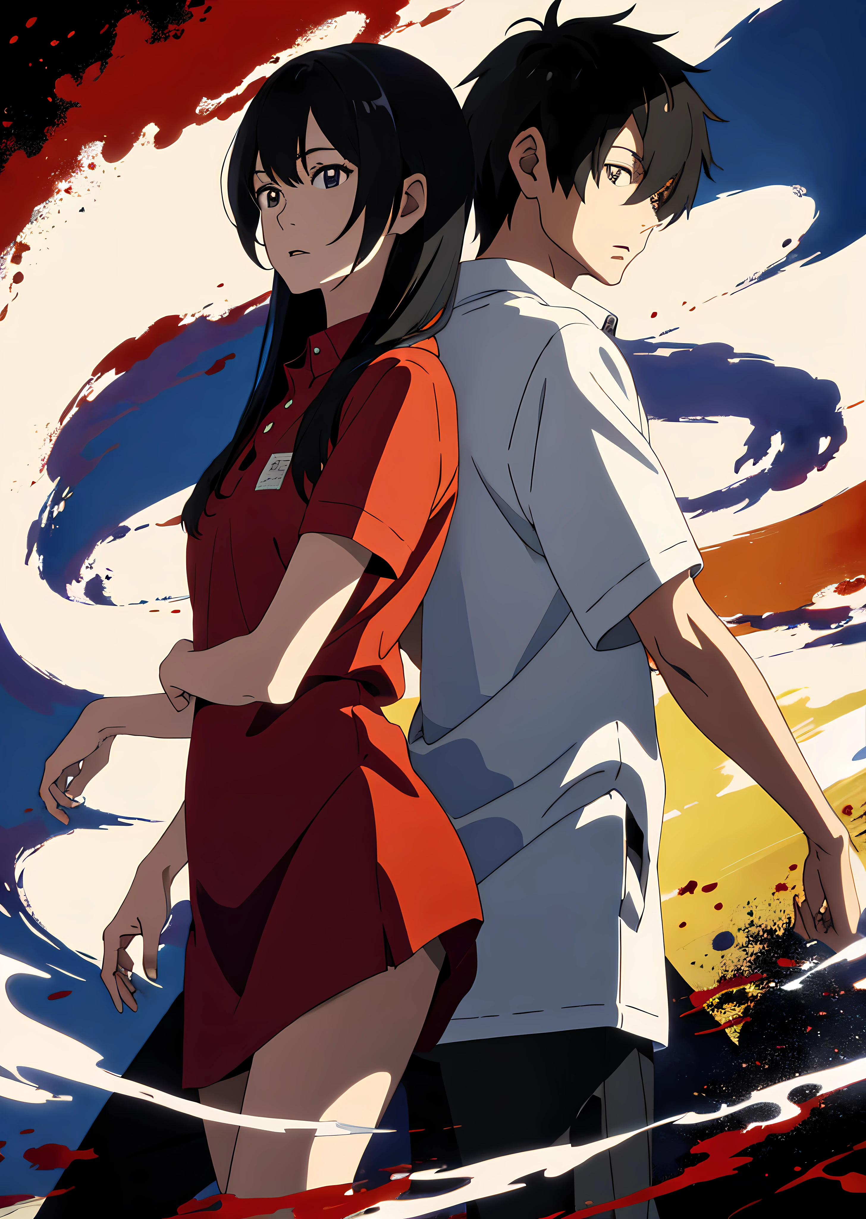 A masterpie、Anime filling、Anime couple in red polo shirt standing next to each other、A masterpie、Fine finish、beautiful eye、beautiful  face、Japan people、beautiful anime art、couple、All over body、Quality、Eroge painting、Two-dimensional,、(extremely tense and dramatic pictures、Moving visual effects)、、(close shot、Long shot mix and match)[::0.9]