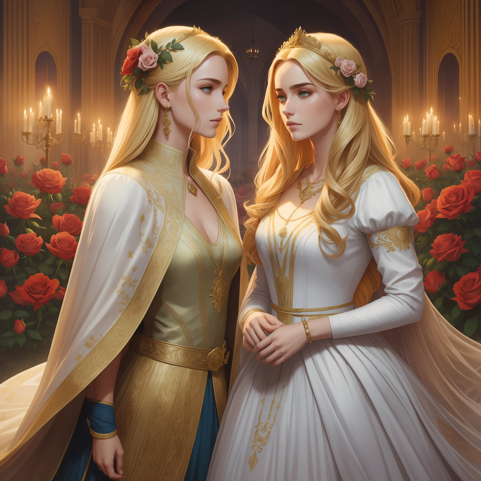 Casal se beija um home e uma mulher com muito carinho, the man Neels Visser is a prince who has golden blonde hair, wears a medieval military garb and is in love with the commoner, a mulher Lily Collins;, que tem cabelo preto moreno encaracolado e usa um vestido vermelho, Illustration of a novel book cover with a detailed background, liso, brilhante cheio de flores cobertas de hera e rosas vermelhas, castelo, Ornate dress standing on a bed of roses, Anel luminoso, dynamic lighting, ethereal lighting, ultra detalhe, arte conceitual, elegante, surreal, arte por Greg Rutkowski