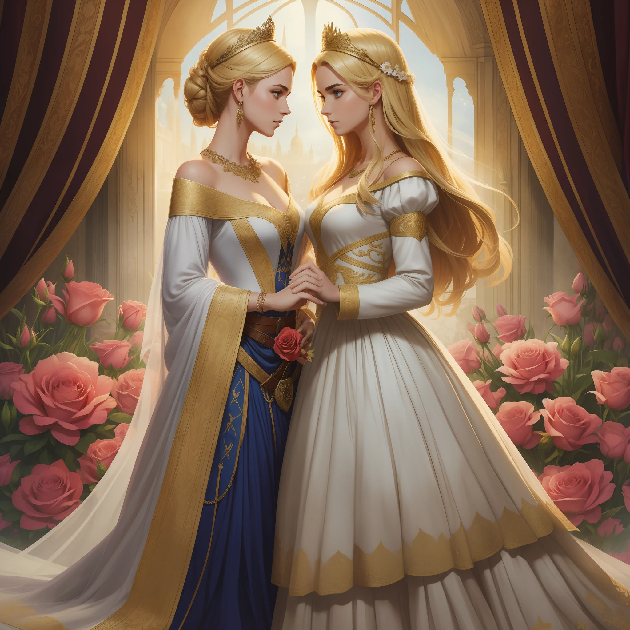 Casal se beija um home e uma mulher com muito carinho, the man Neels Visser is a prince who has golden blonde hair, wears a medieval military garb and is in love with the commoner, a mulher Lily Collins;, que tem cabelo preto moreno encaracolado e usa um vestido vermelho, Illustration of a novel book cover with a detailed background, liso, brilhante cheio de flores cobertas de hera e rosas vermelhas, castelo, Ornate dress standing on a bed of roses, Anel luminoso, dynamic lighting, ethereal lighting, ultra detalhe, arte conceitual, elegante, surreal, arte por Greg Rutkowski