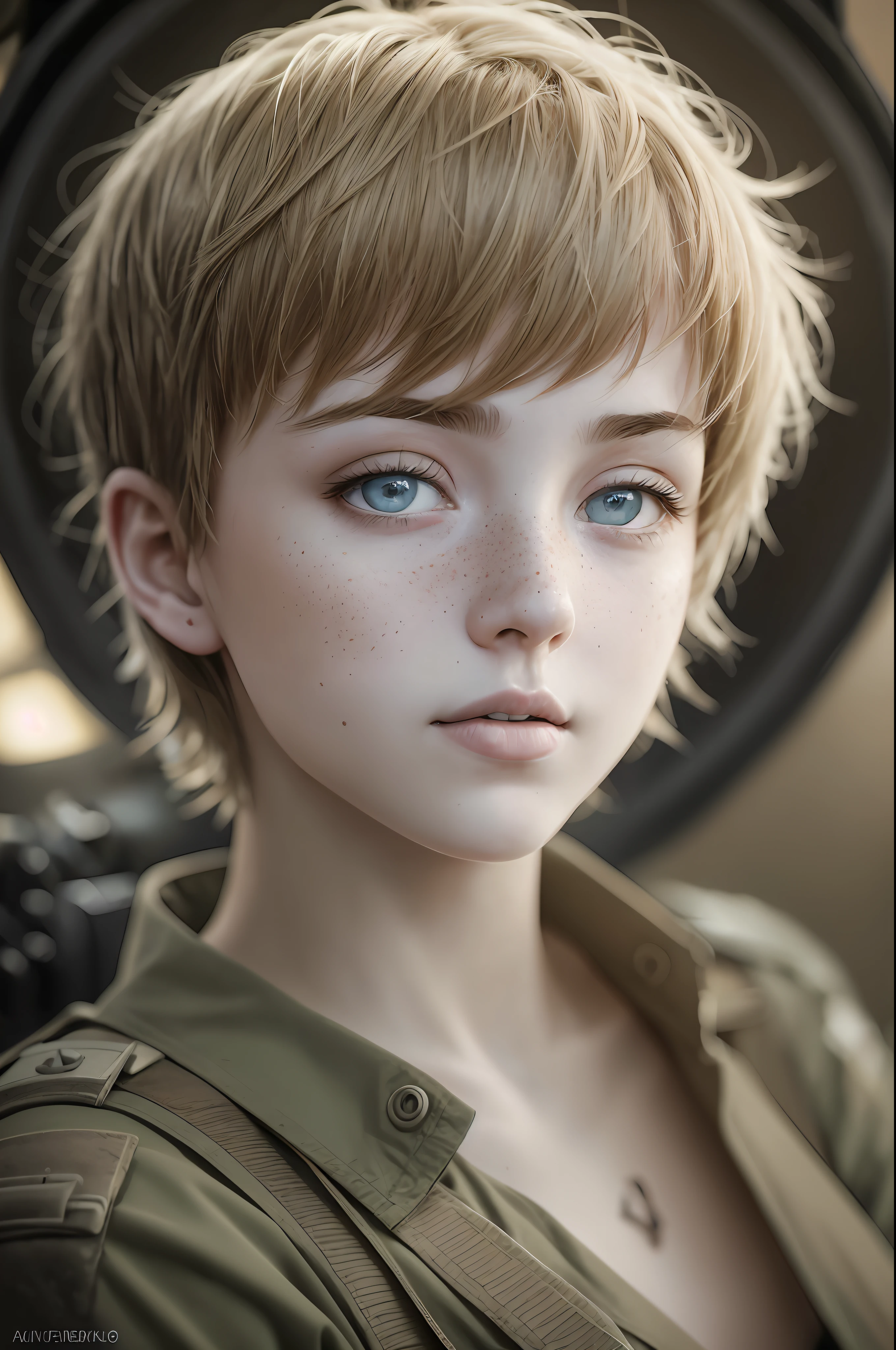 Highest quality, (dramatic lighting:0.7), masterpiece, high angle shot, RAW photo of (pale 21 year old woman with short hair, looking up at the viewer), cute, (wearing Tattered combat fatigues, Disheveled), (sitting inside a tank), portrait, perfect face, alluring eyes, vivid detail, (highly detailed skin), freckles, sfw, (blue tint:0.6), (dirty:0.8), (bloody:0.7), key lighting, (backlighting:0.5), medium depth of field, photographed on a Canon 5D, 50mm lens, F/4 aperture, (hyperdetailed, intricate details), sharp focus, muted colors, 8k, absurdres, 8mm film grain, war photography