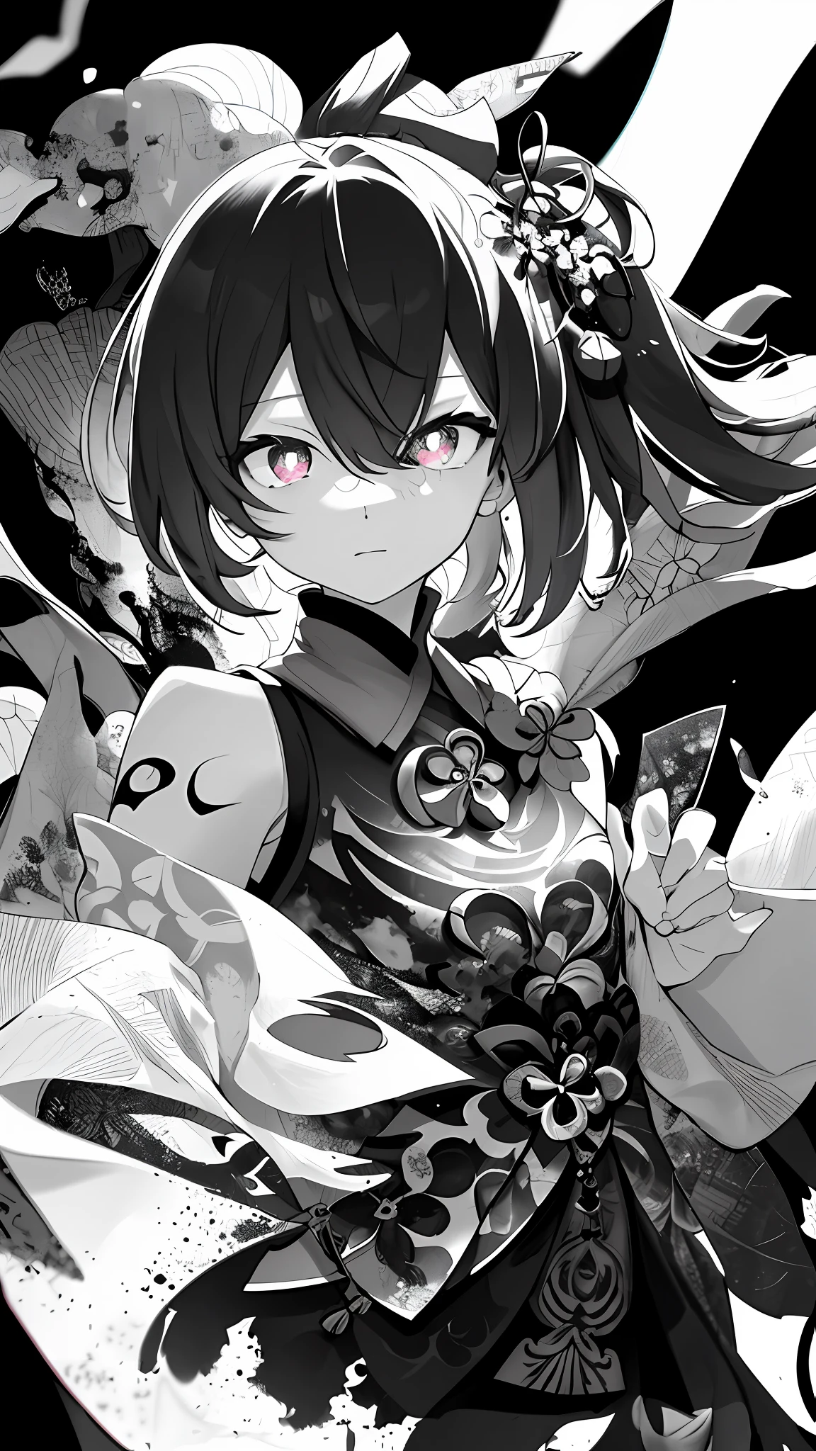 {{{{masterpiece}}}}, {{{hyper detailed}}}, {{{highres}}}, {{good anatomy}}, (((best quality))), ((an extremely delicate and beautiful)), {{an extremely detailed and delicate}}, {8k cg wallpaper}, {{illustration}}, (greyscale with colored background:1.1), ray tracing, bokeh, black background, (splattered ink:1.3), 1girl, solo, hu tao(genshin impact), boo tao, symbol shaped pupils, hiten1,