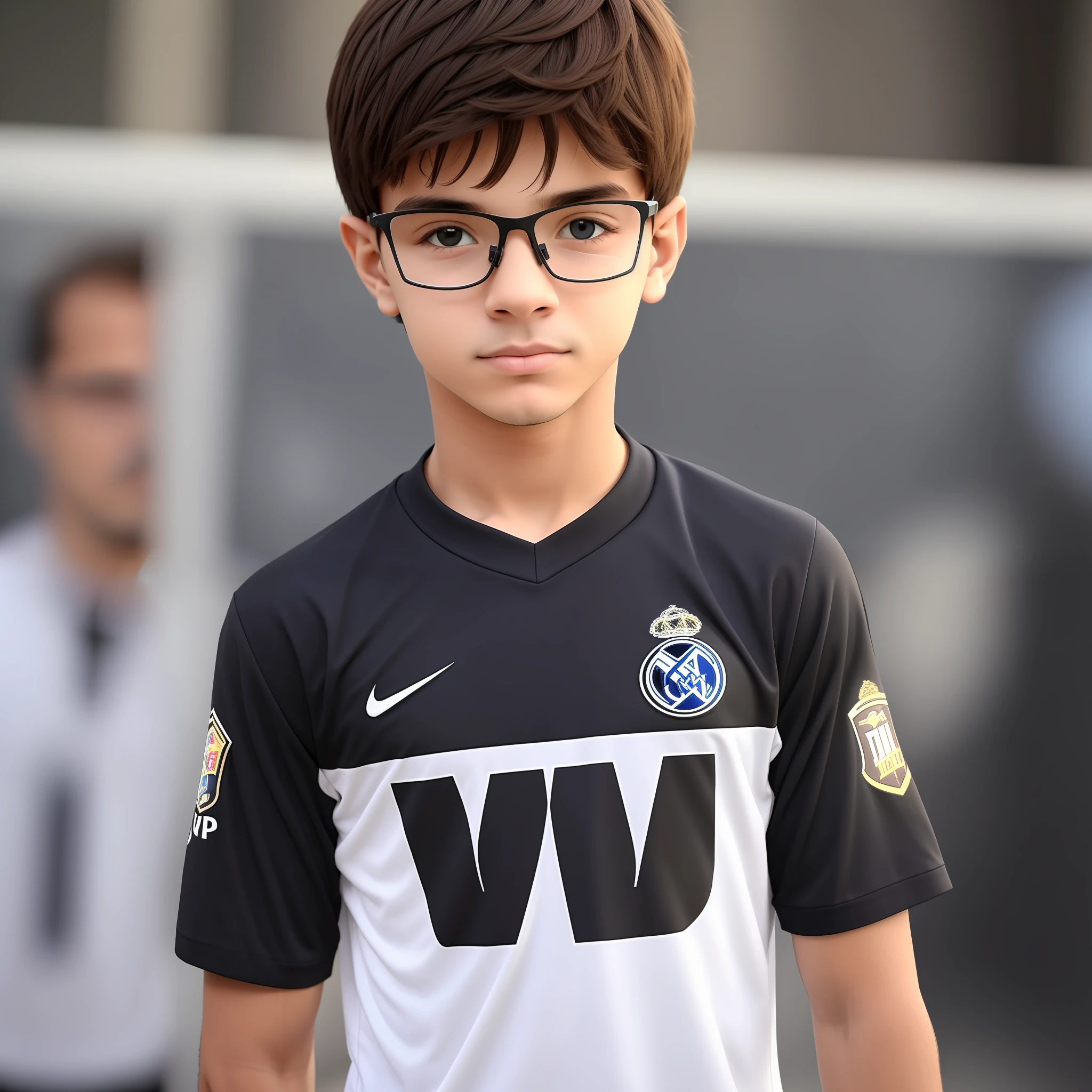 vini jr, usando uma camisa branca, with a black glasses, com un fundo preto, com o fundo do Real Madrid --auto --s2