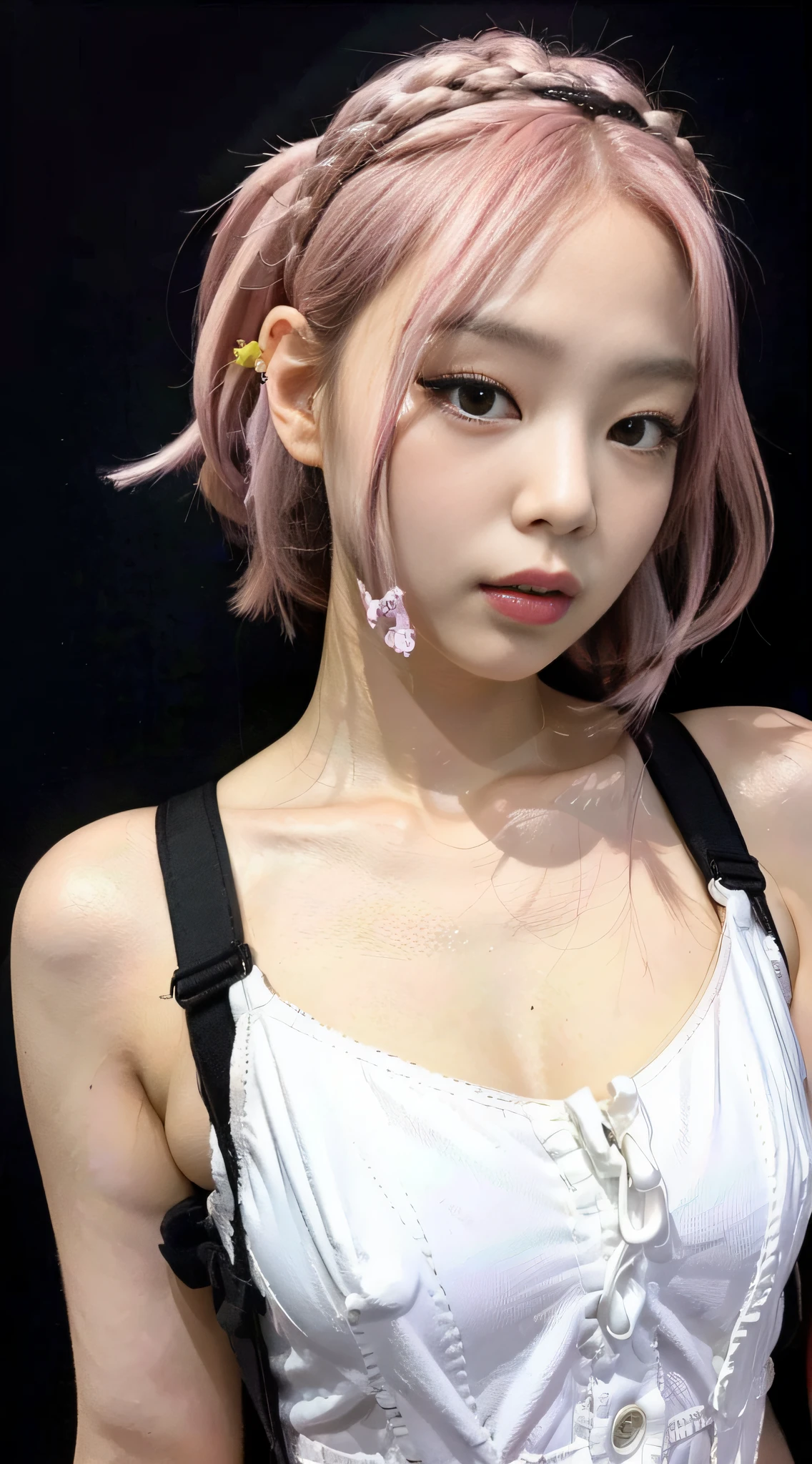 (1girl:1.3), solo, __body-parts__, Kim Ji-ni Jennie face, black background, photography, high contrast, high resolution, HD face shape, bust photo, front face, pink hair, world-weary face, high cold expression, white suspenders, white shorts, cleavage, fair skin, 16k