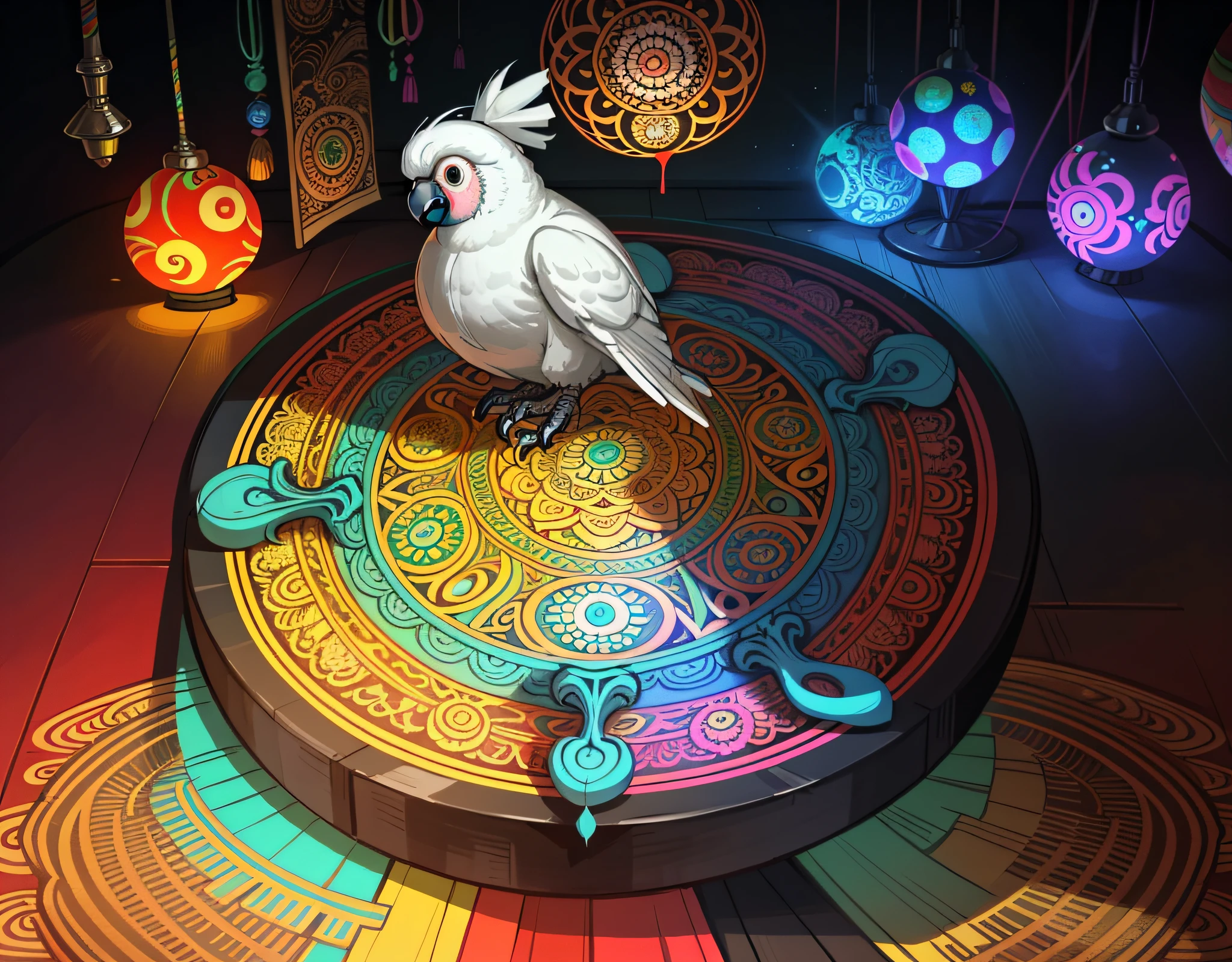 Cockatoo, vibrant colors, glowing orbs, masterpiece, best quality, ((In Mandala style))
