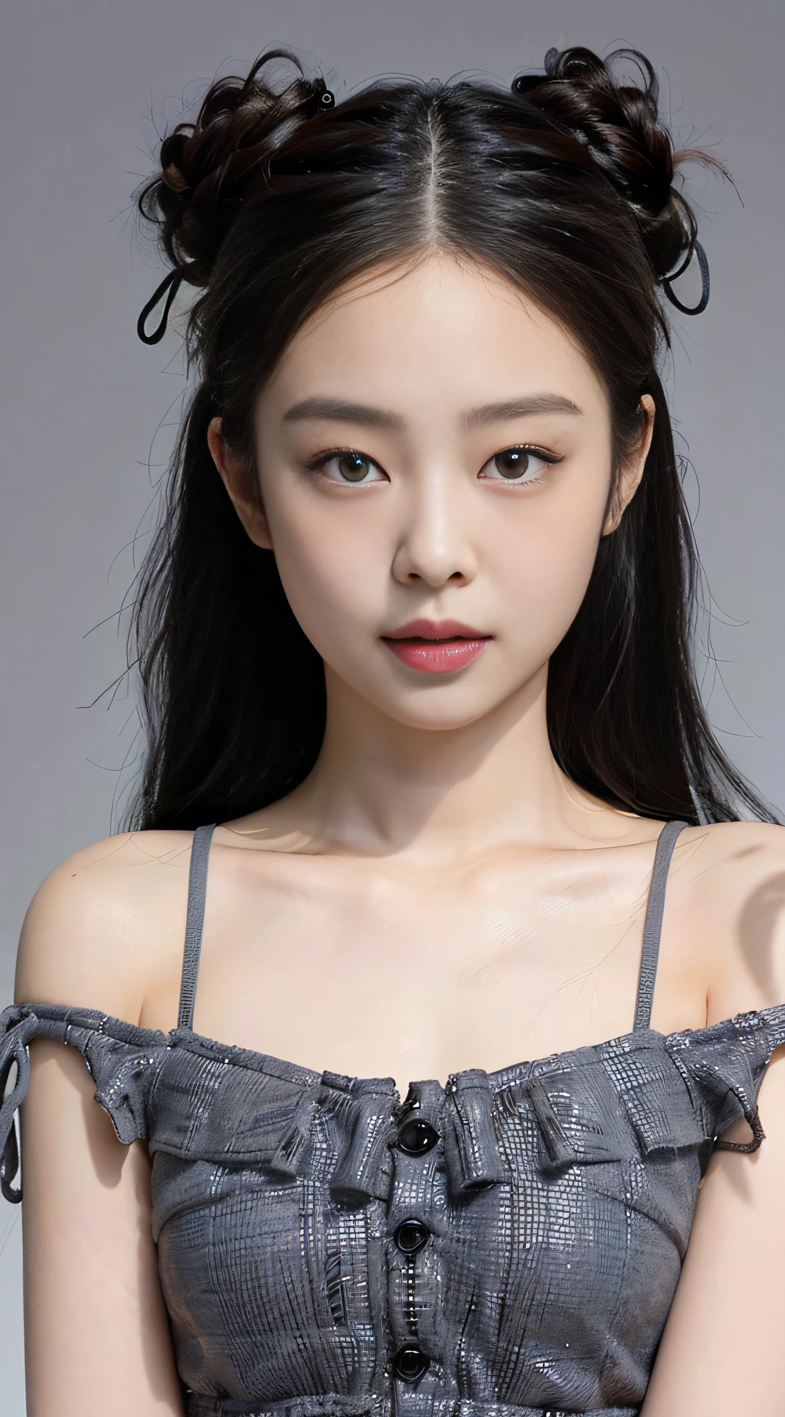 (1girl:1.3), solo,__body-parts__, Kim Ji-ni Jennie face,lolita,front Photo,Playful and cute,Evil smiled,World-weary face,Indifferent eyes,off-shoulder,Sense of premium,Blur solid dark gray background,8K resolution image,Intricately symmetrical details。