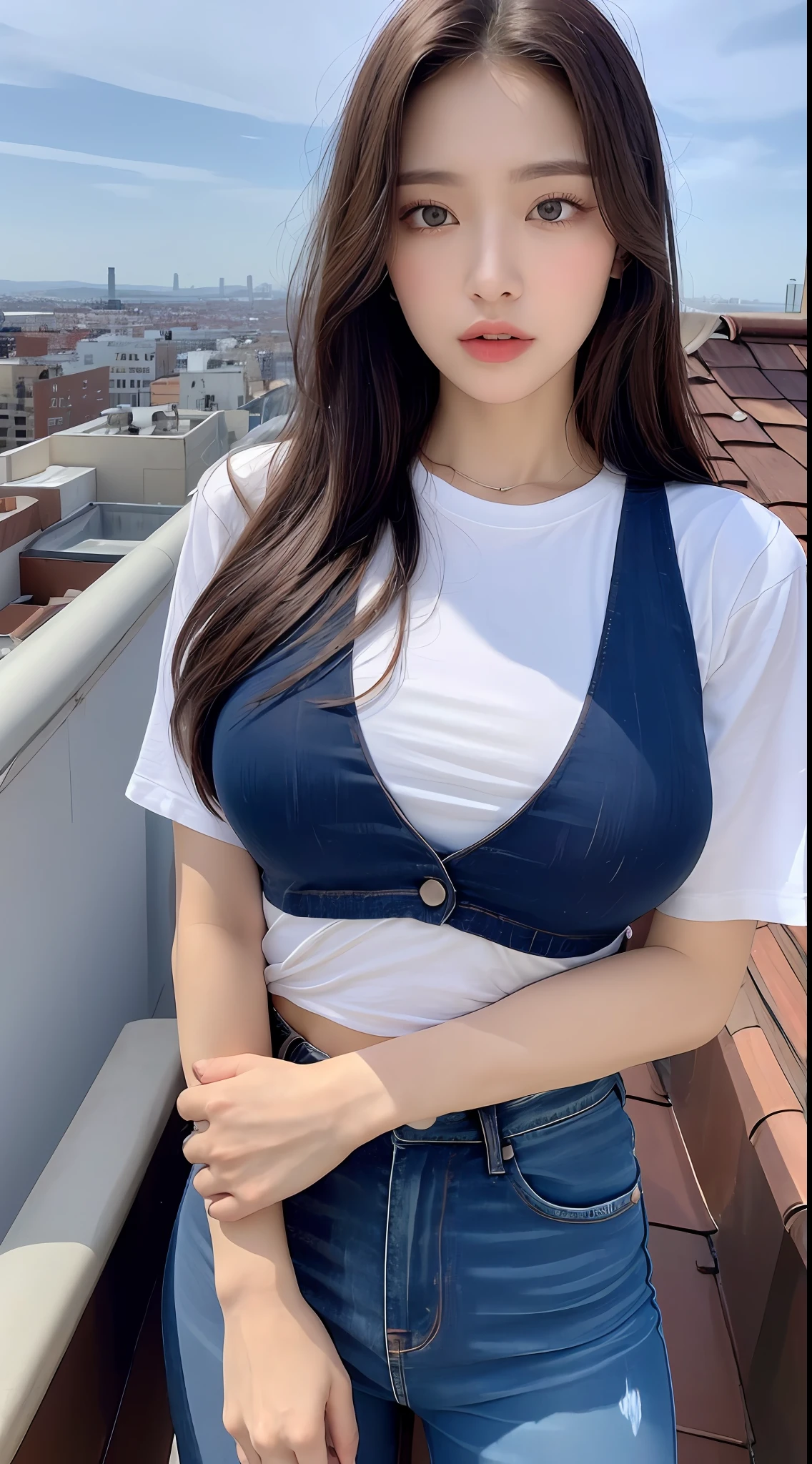 ((Midnight, Best quality, 8k, Masterpiece :1.3)), Whole body, Long legs, Sharp focus :1.2, A pretty woman with perfect figure :1.4, Slender abs :1.1, ((Dark brown hair,Gigantic breasts :1.2)), (White tight tshirt, Jean bib, Standing:1.2), ((Night city view, Rooftop:1.3)), Highly detailed face and skin texture, Detailed eyes, Double eyelid