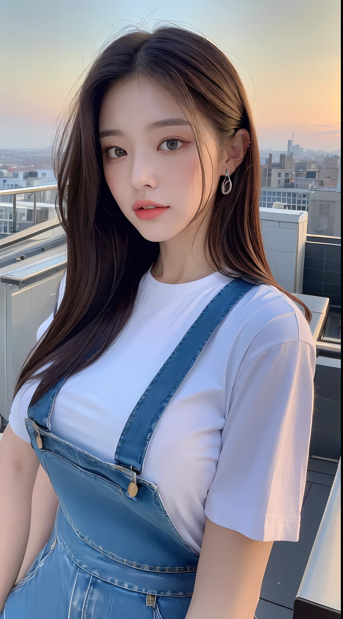 ((Midnight, Best quality, 8k, Masterpiece :1.3)), Whole body, Long legs, Sharp focus :1.2, A pretty woman with perfect figure :1.4, Slender abs :1.1, ((Dark brown hair,Gigantic breasts :1.2)), (White tight tshirt, Jean bib, Standing:1.2), ((Night city view, Rooftop:1.3)), Highly detailed face and skin texture, Detailed eyes, Double eyelid