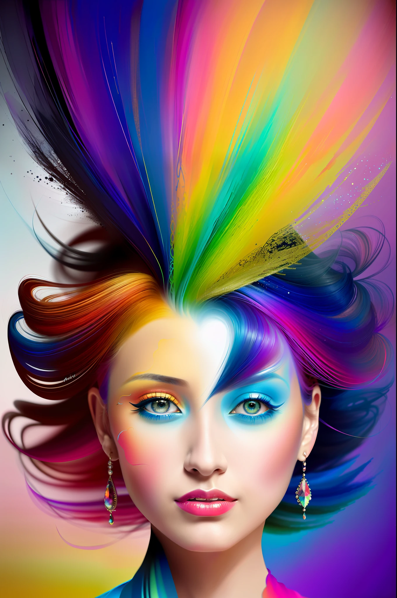 award winning,most stunning,((a portrait painting of 1 woman with a colorful dress and hair)), beautiful digital artwork, (Alberto Seveso style),best composition,harmony,((beautiful eyes)),extremely detailed,centered,canvas textured,(((one face)))