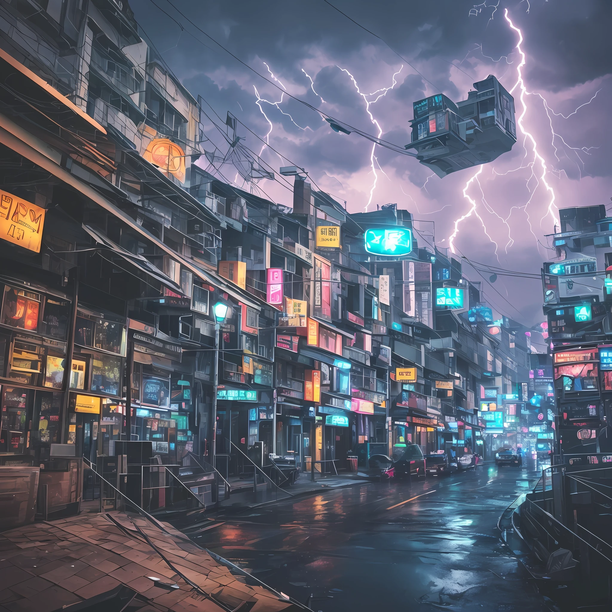 scenery、In a storm with lightning strikes and cloudy skies、Neon and cyberpunk background、Butterfly floating near a streetlamp々、shine、backlighting、A masterpie、bestquality、intricate detailing、Absurdres、Chromatic Aberration、and depth of field、Professional photos、soft Lighting、Tone Mapping、Very elaborate、Sharp focus、Dramatic Lighting、Intro Elaborate Details、CINEMATIC、8K、incredible shadows、realistic background(high detailed background:1.0) --auto --s2