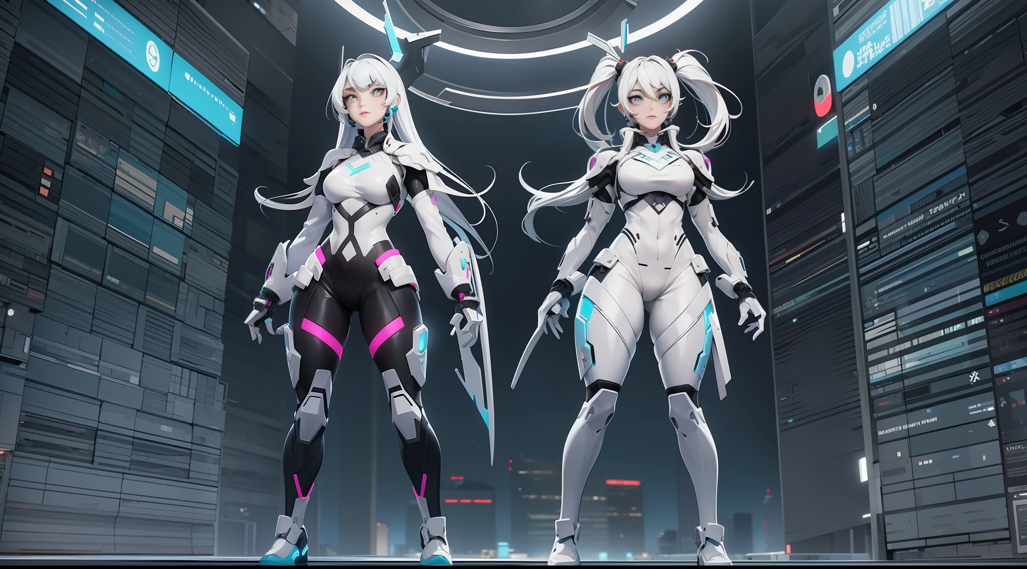 full body picture Unreal Engine 5 8K UHD of 2 beautiful twin girls, half black and half white hair, wearing futuristic black tight battle suit, half face cyberpunk mask, futuristic neck collar, cyan light details, beauty makeup, best quality, masterpiece