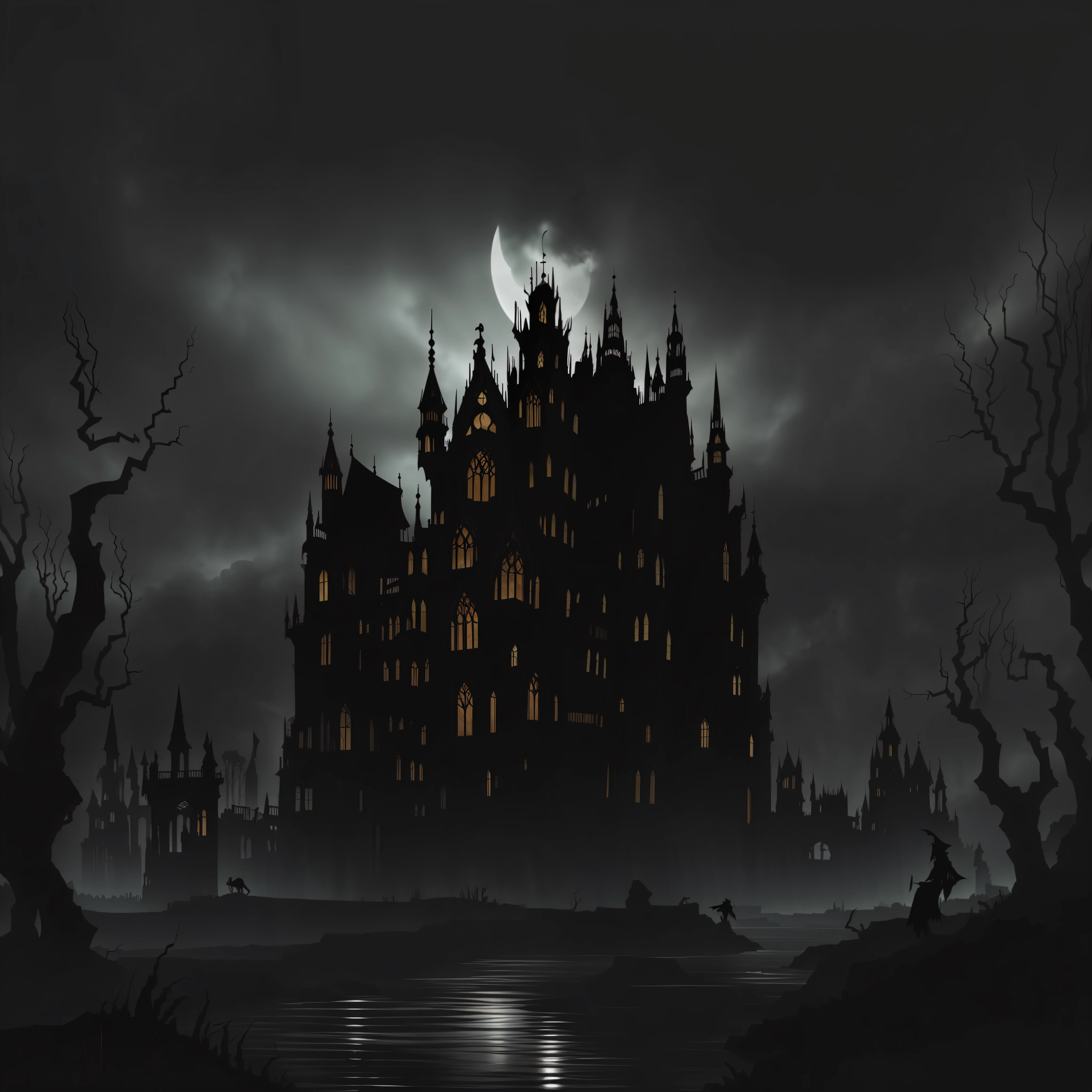 The image depicts a dark and macabre scenario, envolto em tons escuros e contrastantes. Ao fundo, There is an imposing and decrepit Gothic mansion, whose towers reach into the night sky. Its stone walls are worn down by time and decay, reinforcing the atmosphere of abandonment and melancholy.

The starry sky is laden with heavy, dark clouds, sugerindo uma tempestade iminente. Lightning cuts the horizon, casting brief flashes that illuminate the surroundings and reveal ominous details. The full moon hovers in the sky, shrouded in a spectral aura that highlights his supernatural presence.

In front of the mansion, there is an abandoned garden, onde as plantas murchas e espinhosas crescem de forma desordenada. Gnarled, leafless trees cast ominous shadows over the terrain. Flores mortas e negras desabrocham em espirais distorcidas, evoking a sense of decaying life.

No centro da imagem, destaca-if a lone human figure. She's standing, vestida com roupas rasgadas e esfarrapadas, conveying an air of despair and anguish. His face is shaded and expresses a mixture of terror and pain. The person holds his hands on his face, as if he were suffering and struggling with an inner anguish.

The figure is surrounded by ominous shadows that stretch and writhe across the ground, looking prenymized-la no lugar. These shadows create an illusion of movement and the feeling that the character is trapped in an endless nightmare.

Lighting in the scene is sparse, focusing on specific points to highlight elements-key and increase the sense of mystery and suspense. The predominant colors are shades of black, cinza, marrom e roxo profundo, criando um ambiente sombrio e sufocante.

No conjunto, The illustration of the Gothic style with depth seeks to capture the essence of anxiety and despair. It depicts a melancholic world, oppressive and charged with negative emotions, where the viewer is immersed in a whirlwind of dark feelings.