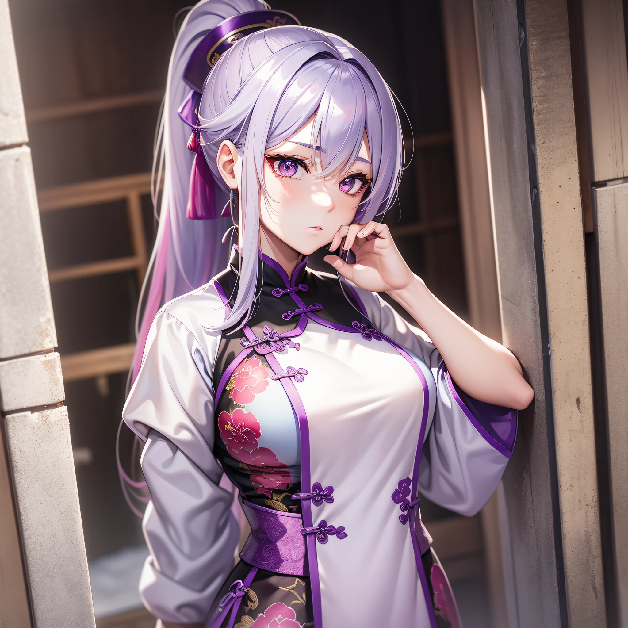 a beautiful female, chinese style ancient customs, ink background, multicolored hair, silver hair, purple hair, gradient hair, ponytail, covering mouth, Wide-Angle, depth of field, ray tracing, reflection light, cowboy shot, UHD, masterpiece, high quality, best quality, super detail, UHD