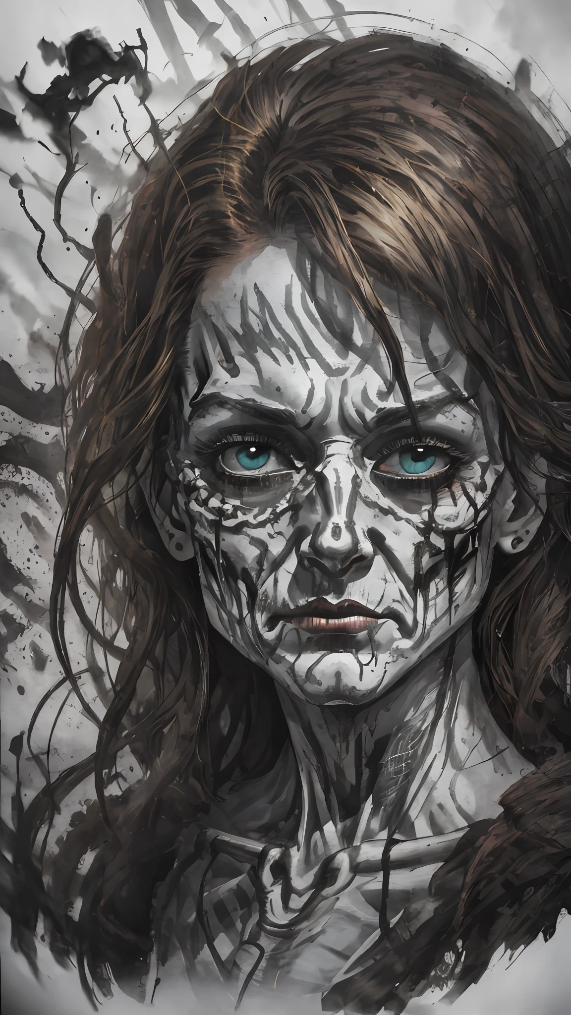 A poster for a horror movie, featuring a sinister face with the focus on the eye and a realistic skeletal hand emerging from the eye, 8k --auto --s2