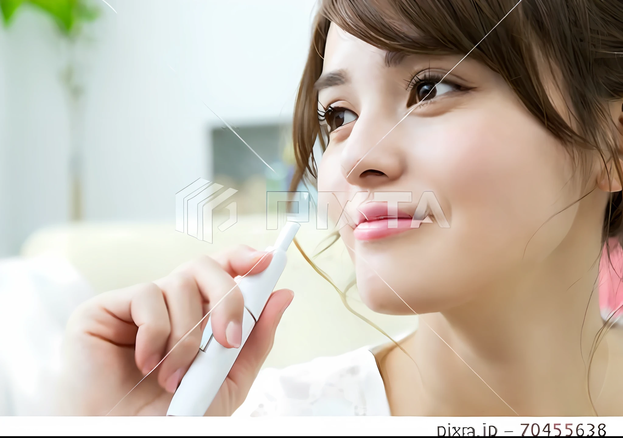Arafe woman smiling with electronic cigarette in hand, vivid detail, warm and gentle smile, soft smile, a cute young woman, teasing smile, bottom angle, scintillating, ( side face， ) profile, Beautiful Japanese Girl Face, attractive girl, slight friendly smile, sideways glance, future!!, close angle