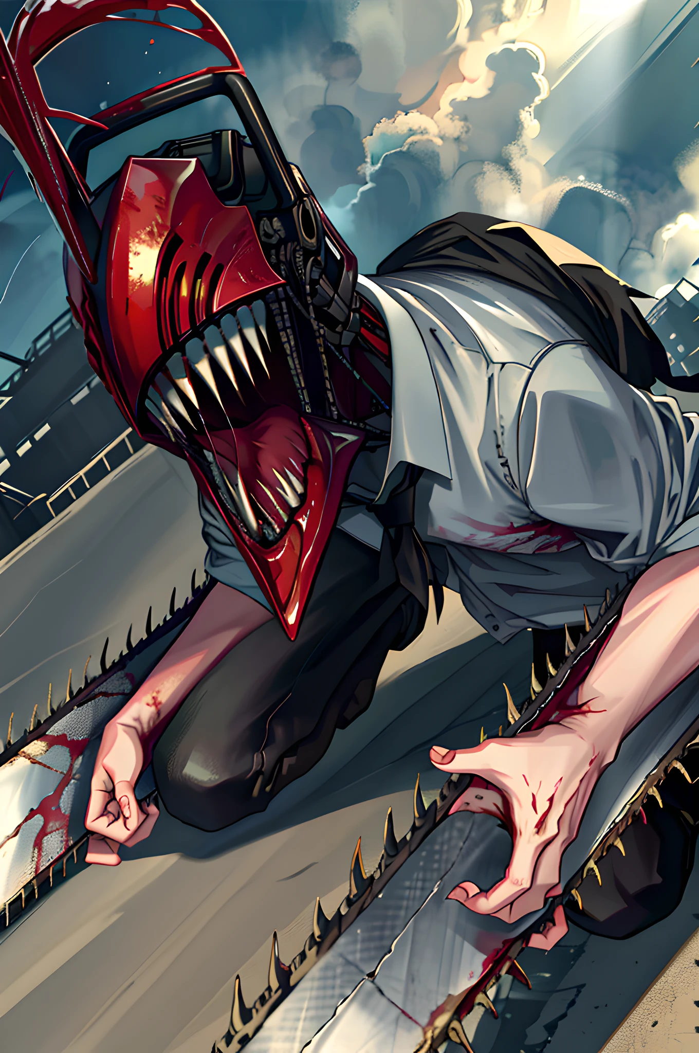 masterpiece, best quality, highres, monster boy, djb, sharp teeth, chainsaw, blood on clothes, blood on weapon, collared shirt, black pants, tongue out,