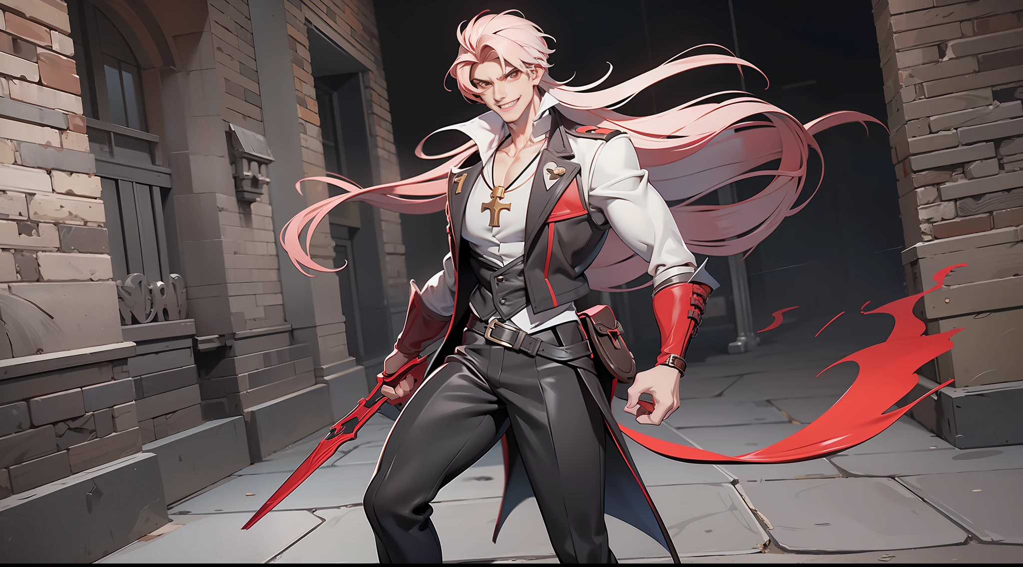 full body picture Unreal Engine 5 8K UHD of a handsome guy, wearing vest with white shirt, red eyes, shadow smoke covering the body, white curvy hair with red highlight hair, wearing leather shoes, cross necklace, evil smile, best quality, masterpiece