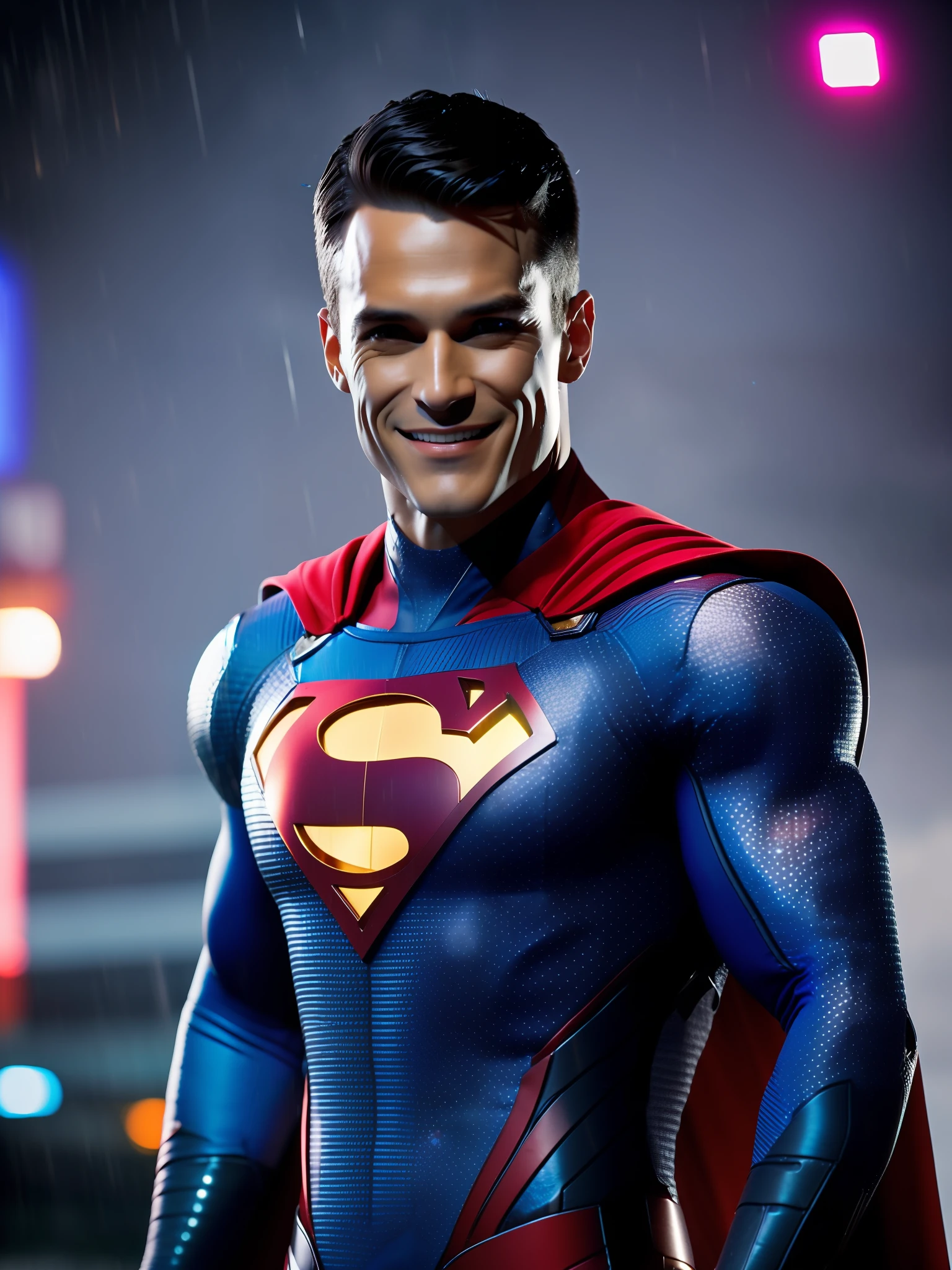 Superman award-winning photo of a man, Blue and red superhero suit, square jawline, asymmetric face, in rain, smiling, purple light, 80mm, bokeh, mass effect, close up, fking_cinema_v2, 8k, cinematic