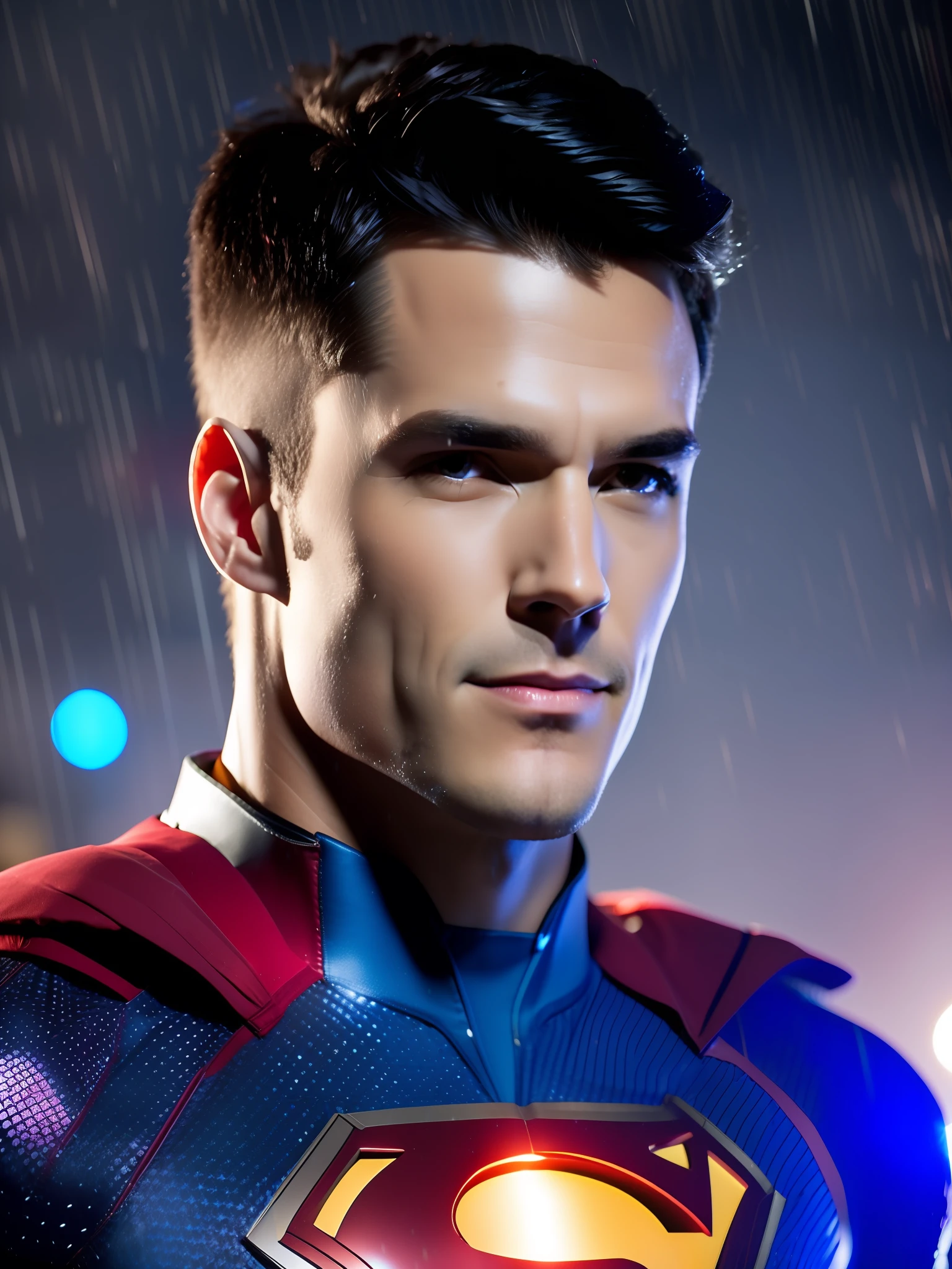 Superman award-winning photo of a man, Blue and red superhero suit, square jawline, asymmetric face, in rain, smiling, purple light, 80mm, bokeh, mass effect, close up, fking_cinema_v2, 8k, cinematic