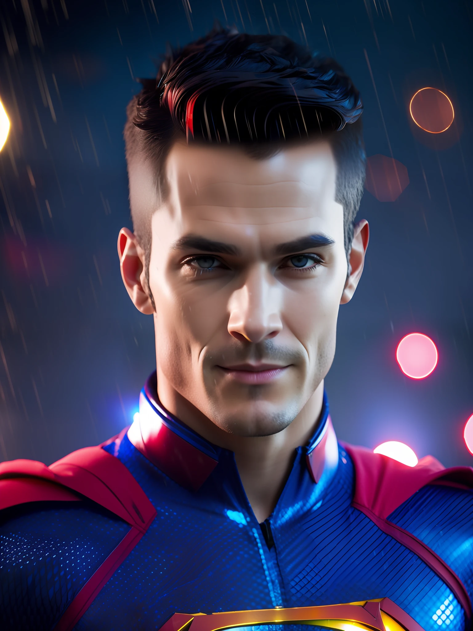 Superman award-winning photo of a man, Blue and red superhero suit, square jawline, asymmetric face, in rain, smiling, purple light, 80mm, bokeh, mass effect, close up, fking_cinema_v2, 8k, cinematic