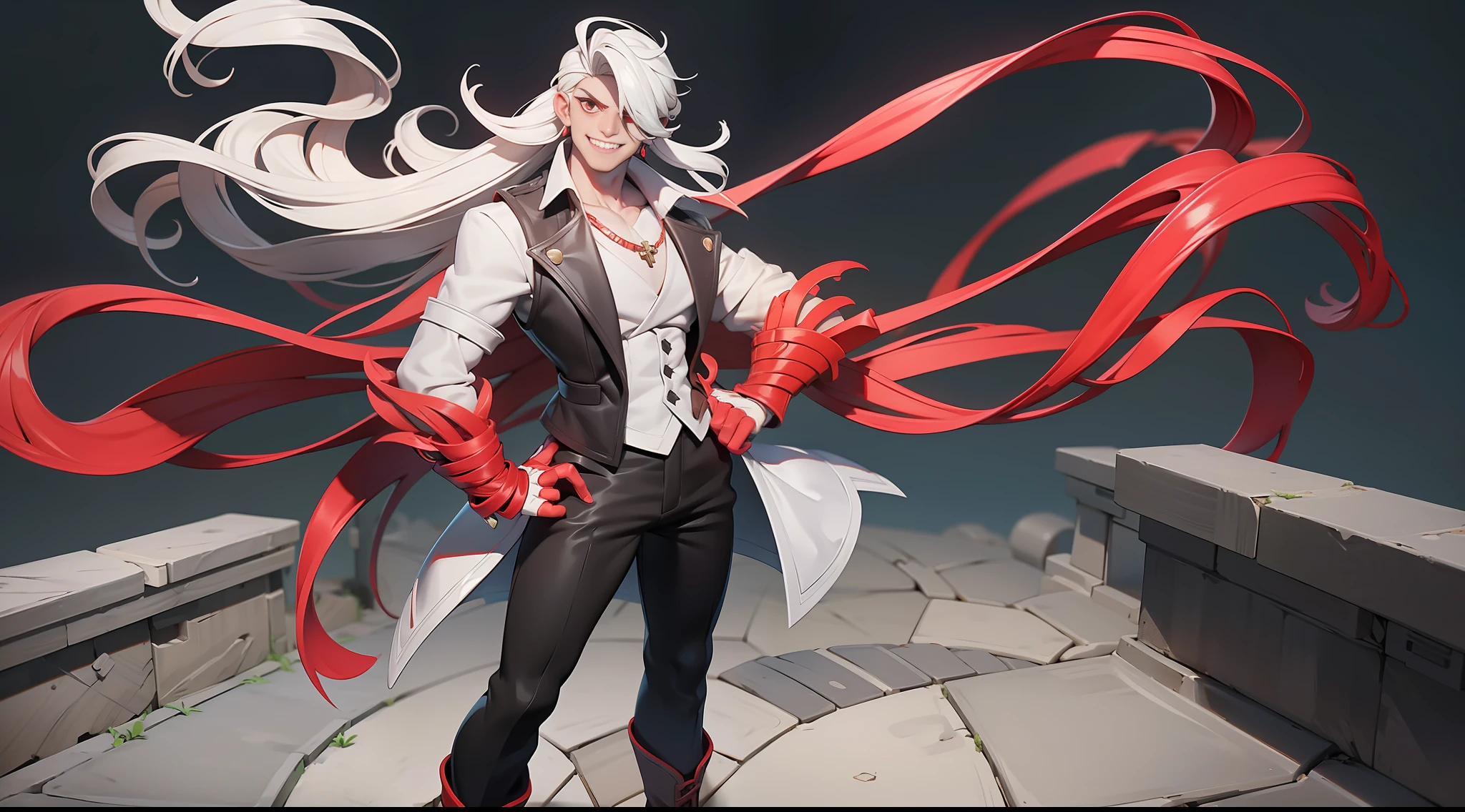 full body picture Unreal Engine 5 8K UHD of a handsome guy, wearing vest with white shirt, red eyes, shadow smoke covering the body, white curvy hair with red highlight hair, wearing leather shoes, cross necklace, evil smile, best quality, masterpiece