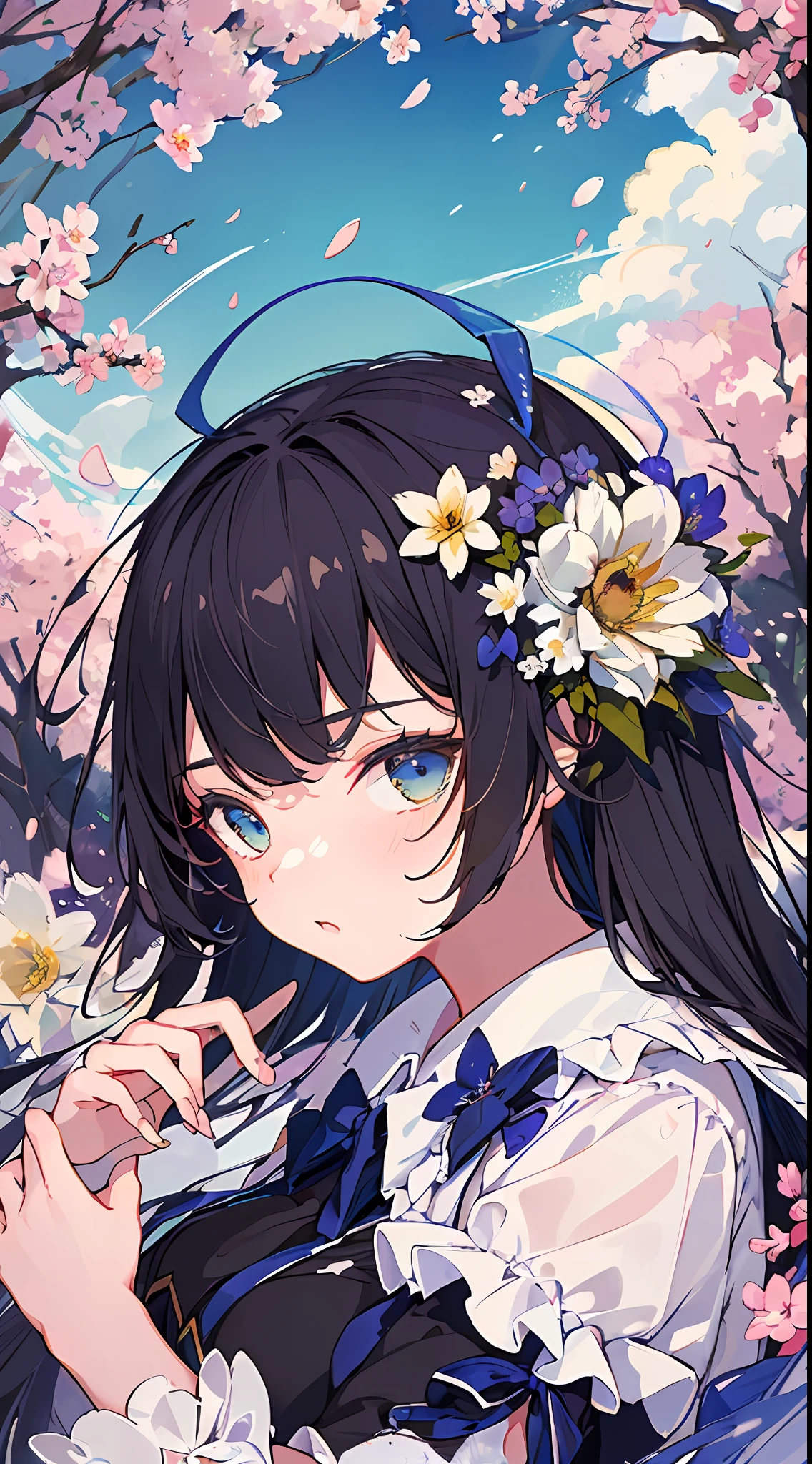 ((masterpiece,best quality)),(1girl, solo:1.4),negative space:1.3,from above,beautiful detailed eyes, vivid, cloudy sky, flower, anemone \(flower\), daffodil, hyacinth,falling petals,sanshoku dango, hanami, picnic, incoming kiss, incoming hug,