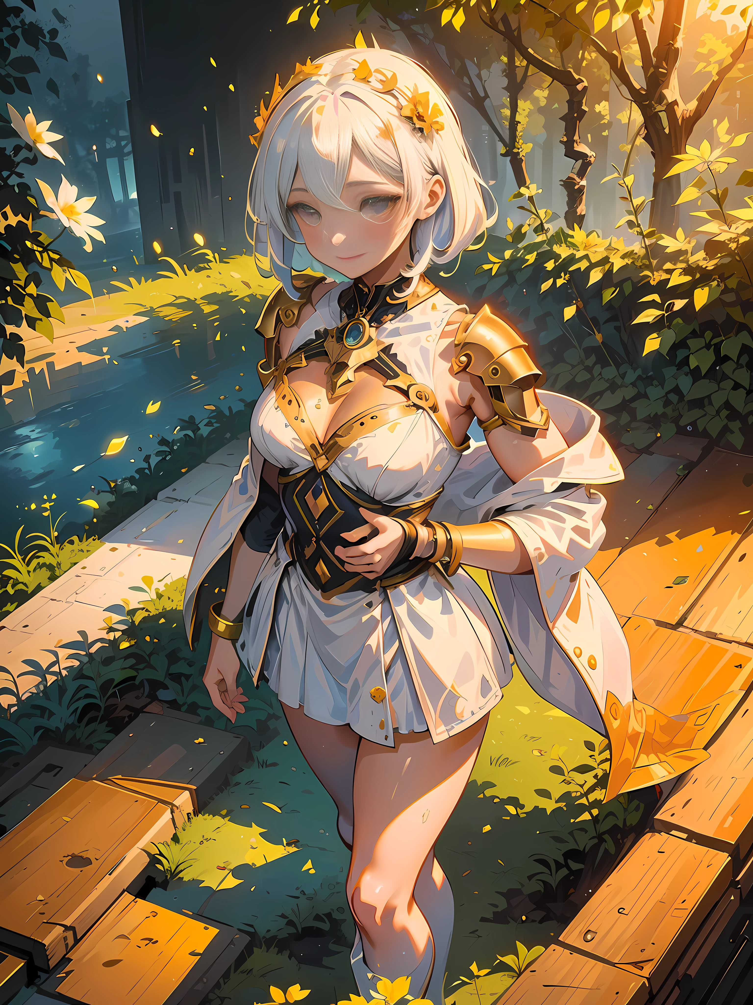 A beautiful girl robot, happy expression, cute, flushed, petite, long white hair, (milky white body), ((female robot)), mummy, with a golden crown on her head, milky white tights all over, the appearance of a female robot; , ((Maiden)), Mummy, ((Human skin)) Gray parts, Cyberpunk art, (in a park on a sunny day), Plants, Peerless beauty, Orange pupils, Orange roses, Fantasy art, Exquisite details, Orange tattoo, Midday, Sunny, Bright smile, Messy hair, Color gradient, Light and shadow, a small amount of orange blossom headdress: 0.6, bracelet, flower bush, olive leaf