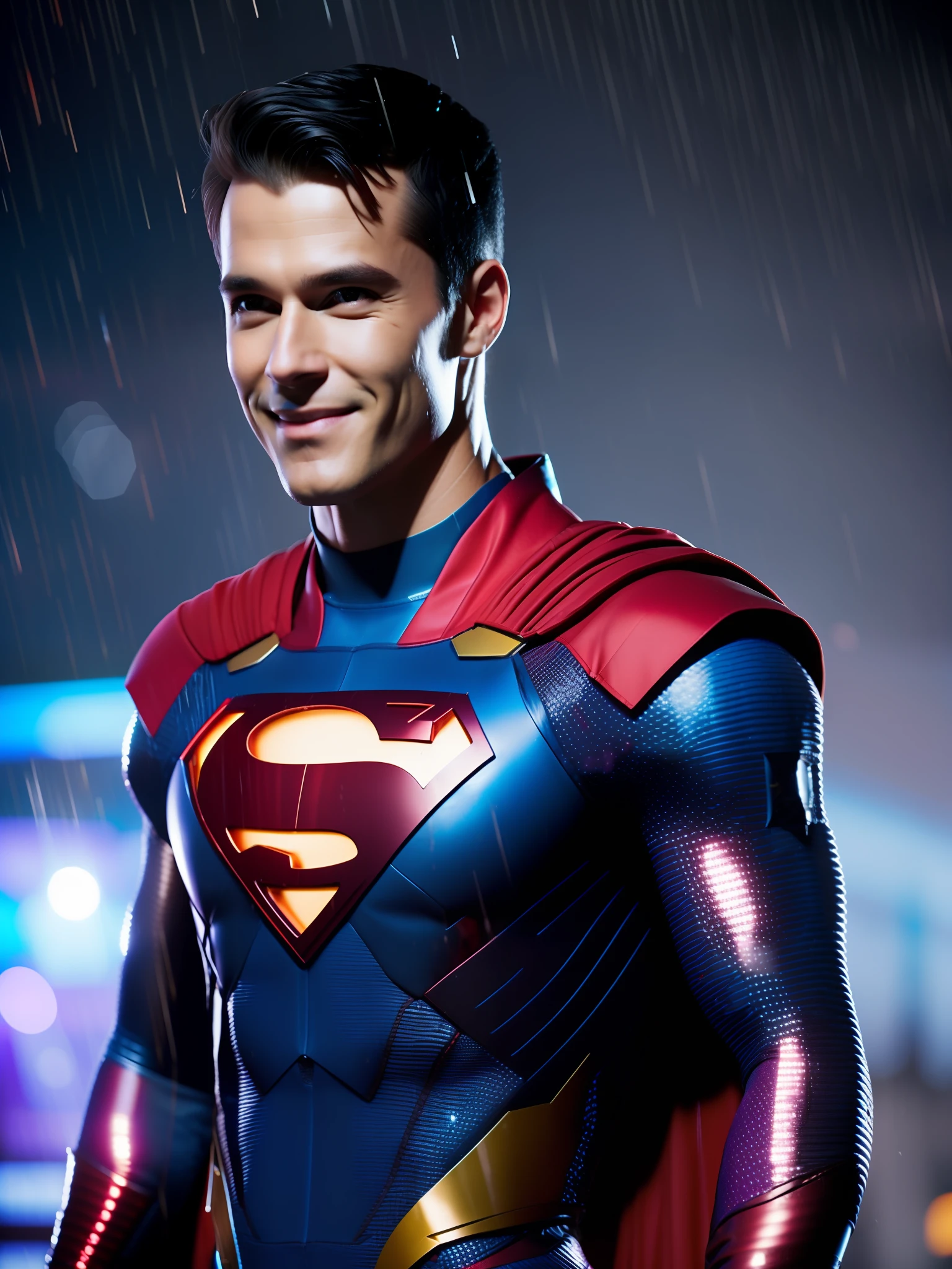 Superman award-winning photo of a man, Blue and red superhero suit, square jawline, asymmetric face, in rain, smiling, purple light, 80mm, bokeh, mass effect, close up, fking_cinema_v2, 8k, cinematic