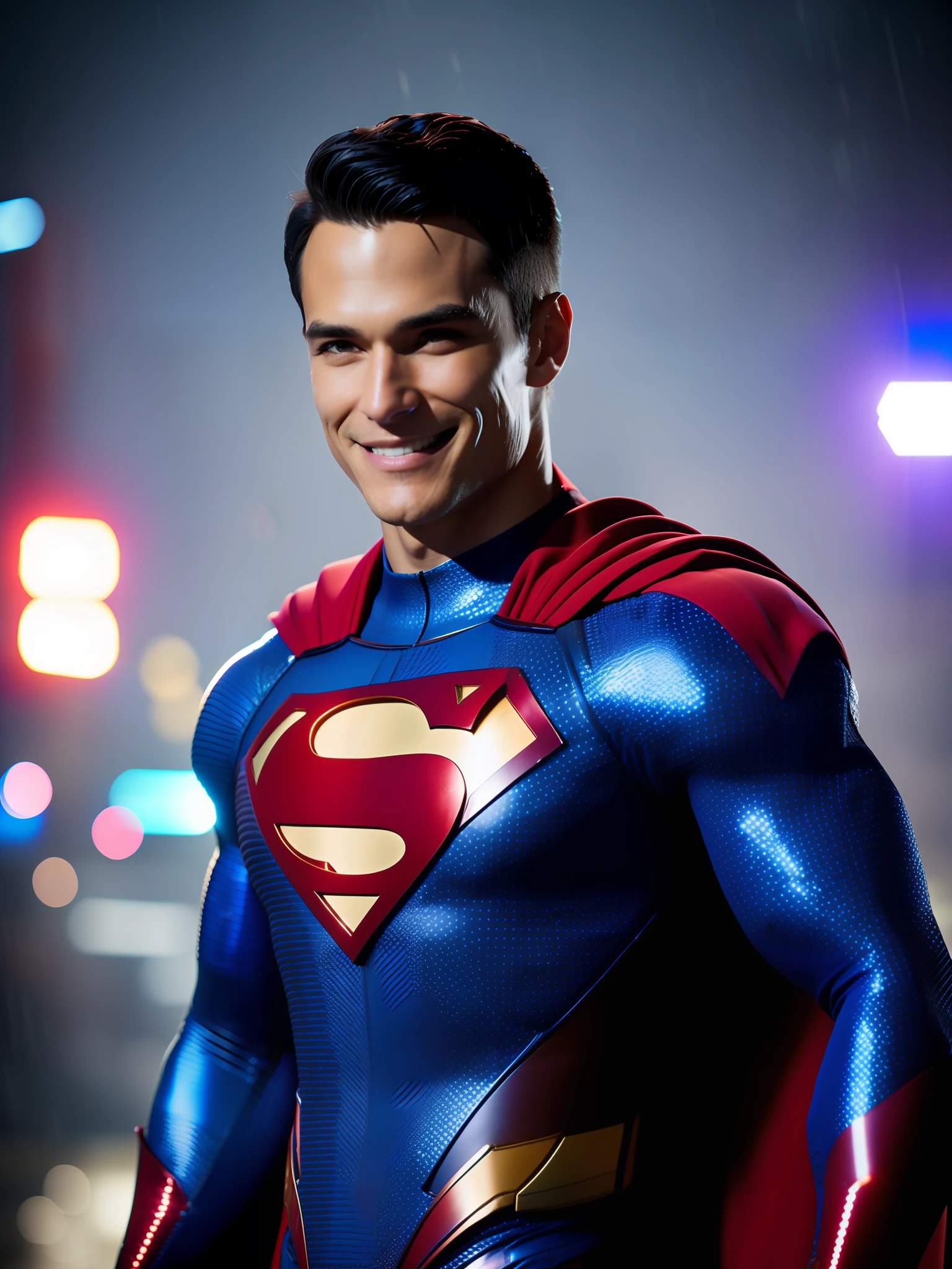 Superman award-winning photo of a man, Blue and red superhero suit, square jawline, asymmetric face, in rain, smiling, purple light, 80mm, bokeh, mass effect, close up, fking_cinema_v2, 8k, cinematic