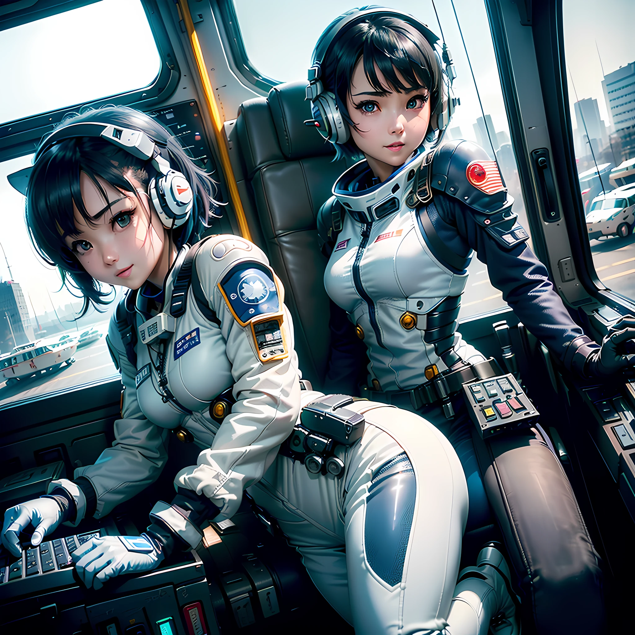 (A masterpie、bestquality、Top Resolution、Highly elaborate CG、Cinematic Lighting、raytracing、drop shadows、Detailed details、(photorealistic)、High quality textures、Realistic facial expressions、extremly detailed、sharp、HighQuality、leading edge、Beautiful rendering、Dramatic poses、detailed shading): (Lone Girl、Japan faces、Short blue hair、Cute girly face、short、small size of breasts、Sparkly eyes、Eye Level Shot、Pilot suit in white and blue colors、Tight Fit Clothing、Clothing that covers the whole body、light grin smile、Beauty during、Slim Body、exoskeleton、heroine、headset、long boots、glove、Ride and steer a robot that leans forward、Airplane Control Panel、tool、Safeguards、Radar display equipment、touch panel、Various indicators、levers、Computer keyboard、mouse、Warning light、Fuel gauge、pressure gauge、Outside the window is a control tower、Large lever、Foot access pedal、Brake pedal、Chunky manual、Outside the window is the base、wireless、Pilot Seat、Fighter cockpit、Gundam cockpit)