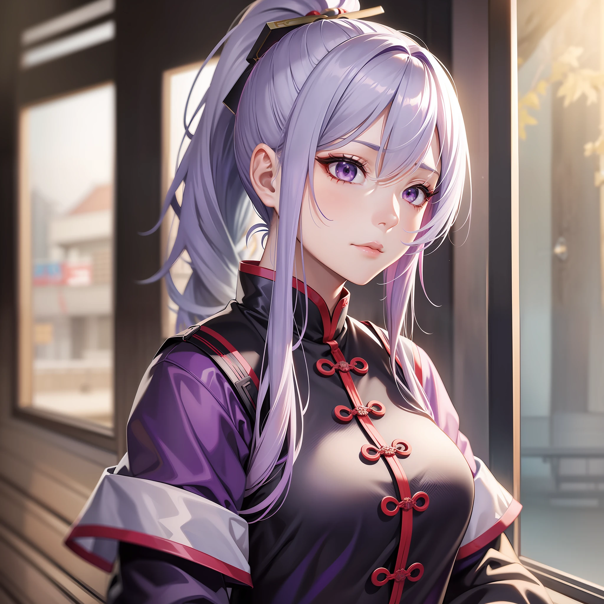 a beautiful female, Chinese style ancient customs, army clothes, multicolored hair, silver hair, purple hair, gradient hair, ponytail, covering mouth, depth of field, ray tracing, reflection light, cowboy shot, UHD, masterpiece, high quality, best quality, super detail, UHD