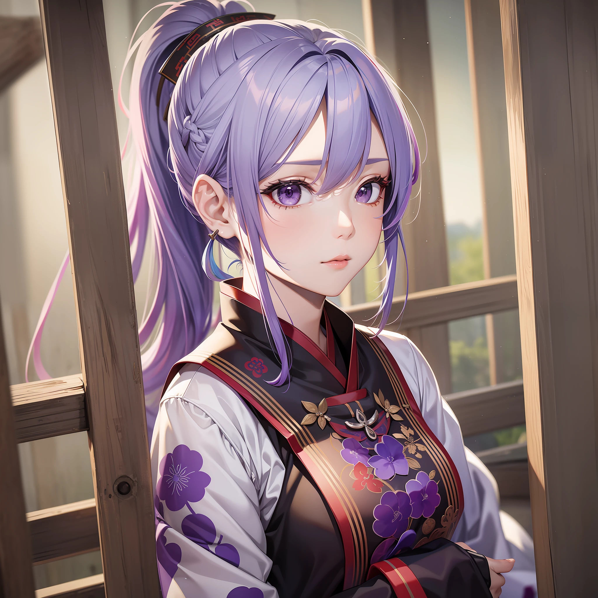 a beautiful female, Chinese style ancient customs, army clothes, multicolored hair, silver hair, purple hair, gradient hair, ponytail, covering mouth, depth of field, ray tracing, reflection light, cowboy shot, UHD, masterpiece, high quality, best quality, super detail, UHD