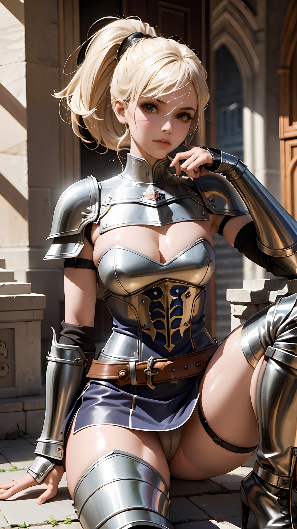 Guerreira, fantasia, armadura de placas, saia curta, saia verde, sem calcinha, no panties, cabelo preto, ultra realista, ultra detalhado, melhor qualidade, obra-prima, D&D, sentada, cameltoe, pernas abertas, pernas separadas, upskirt, Steel gauntlets, steel boots, steel breastplate, RAW,