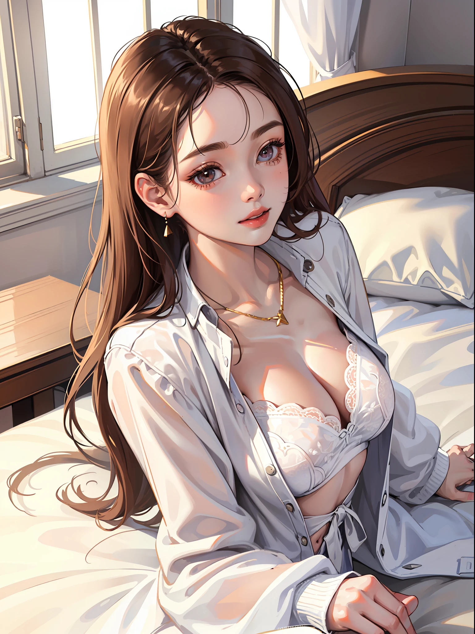 DETAILED, DENSE, MASTERPIECE, one girl, beautiful, wearing white cardigan, one girl lying on bed with blanket, brown hair, 22 years old, smooth skin, glowing skin, glowing hair, clear eyes, glowing eyes, brown eyes, soft lips, pale pink lips, (viewer Looking down: 0. 8) smiling slightly, cheeks stained, shy, mouth open, bangs, white sleeves, white clothing, one girl, soft skin, large breasts, glowing skin, cinematic lighting, rich lighting, room lighting, simple gold necklace, diamond necklace, white Lace bra, white lace panties, white lace underwear, high angle, low angle, (Masterpiece: 1.0), (Realistic: 1.6), (Soft Focus: 1.5)