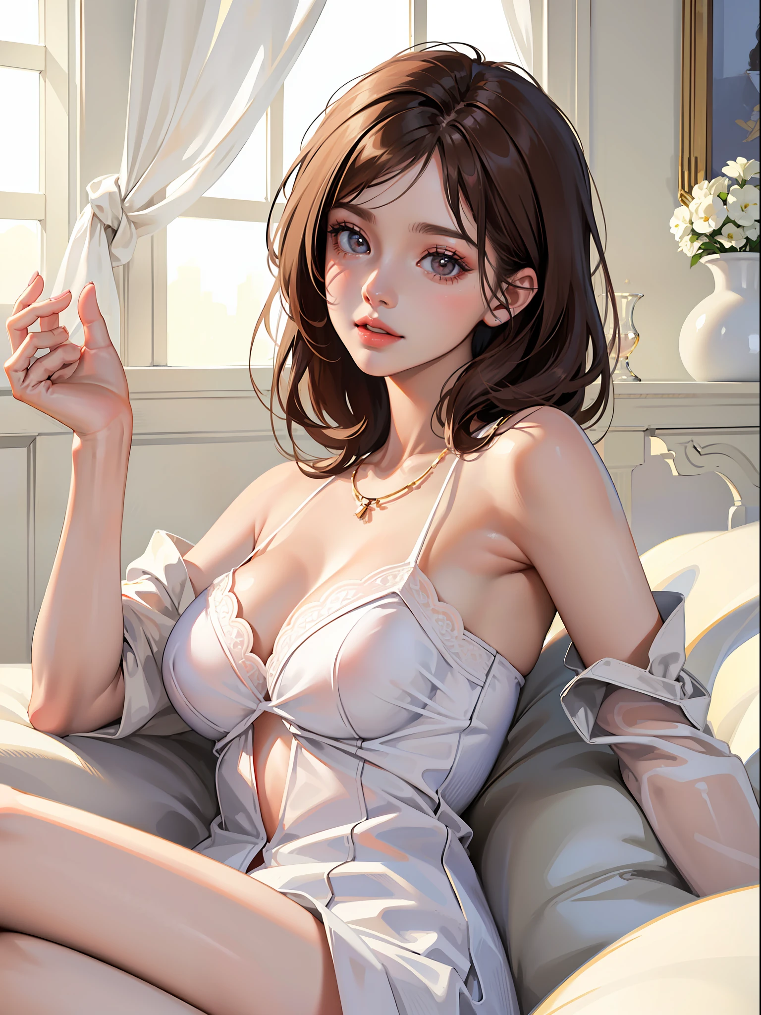 DETAILED, DENSE, MASTERPIECE, one girl, beautiful, wearing white cardigan, one girl lying on bed with blanket, brown hair, 22 years old, smooth skin, glowing skin, glowing hair, clear eyes, glowing eyes, brown eyes, soft lips, pale pink lips, (viewer Looking down: 0. 8) smiling slightly, cheeks stained, shy, mouth open, bangs, white sleeves, white clothing, one girl, soft skin, large breasts, glowing skin, cinematic lighting, rich lighting, room lighting, simple gold necklace, diamond necklace, white Lace bra, white lace panties, white lace underwear, high angle, low angle, (Masterpiece: 1.0), (Realistic: 1.6), (Soft Focus: 1.5)