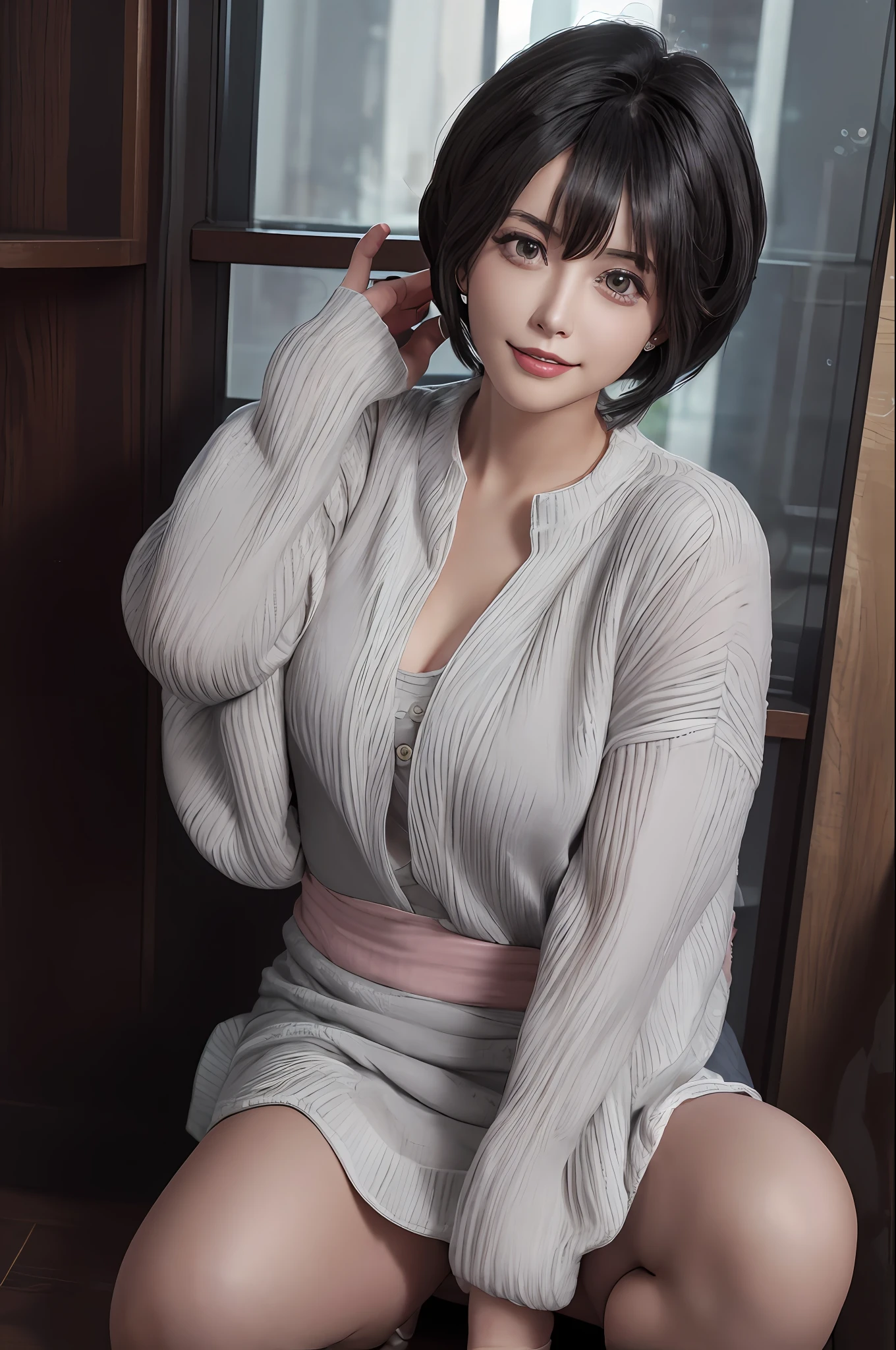 Super smile、Open your mouth、Clothes with open chest、Circle earrings、Chunky lips、(masterpeace:1.3)、(8k、photorealistic、RAW photos、Best Quality: 1.4)、(1 Mature girl(Rose))、beautiful face、(realstic face)、(dark black hair、shorthair:1.3)、Beautiful Hairstyle、Realistic Eyes、Beautiful details、(realistic skin)、Beautiful skin、(sweater)、Absurdres、alluring、Ultra High Res、Hyper realistic、high precision、Golden Ratio