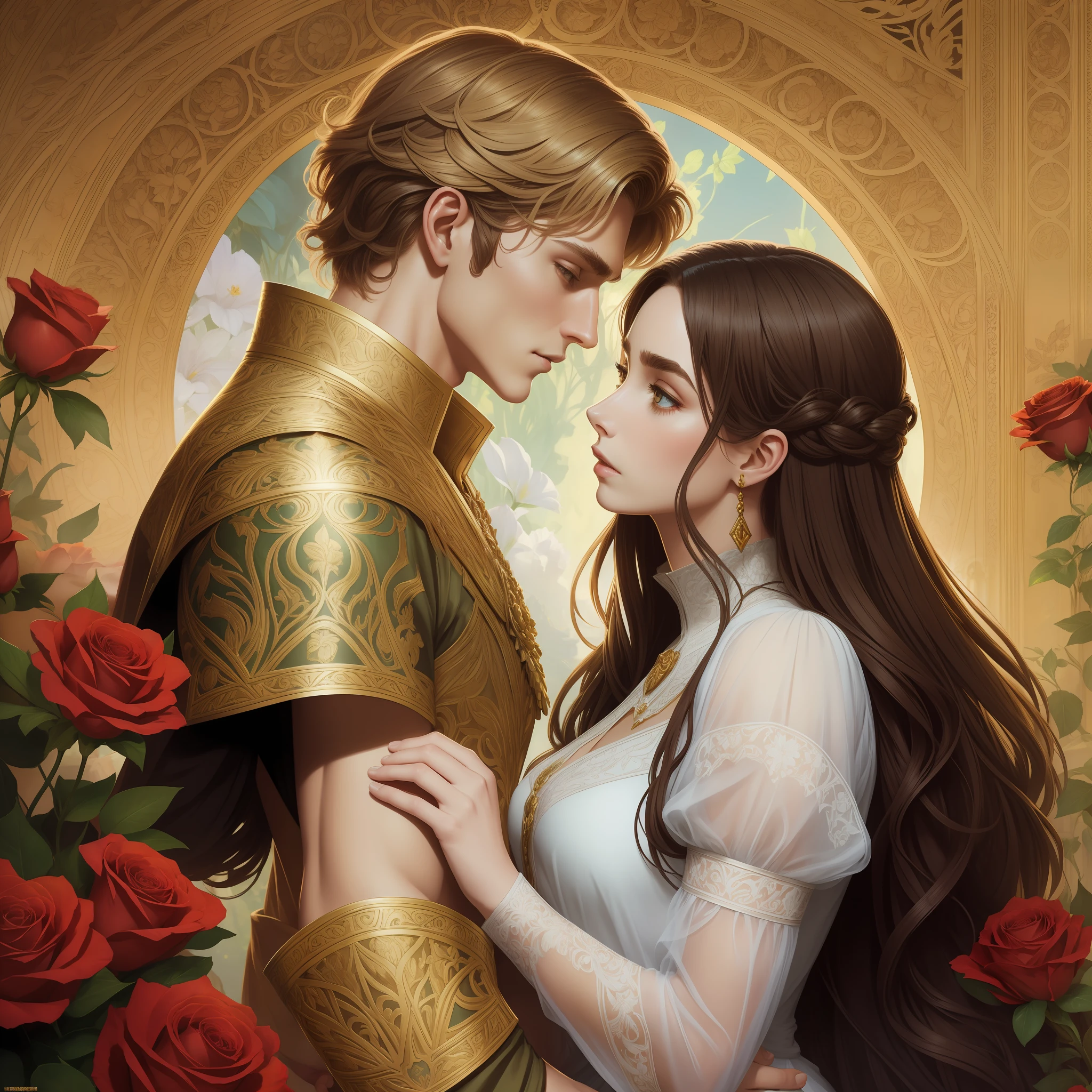 Couple kisses a home and a woman with much affection, the man Neels Visser is a prince who has golden blonde hair, wears a medieval military outfit and is in love with the commoner woman Lily Collins, who has curly brown black hair and wears a red dress, illustration of a romance book cover with a detailed background,  smooth, bright full of ivy-covered flowers and red roses, castle, ornate dress standing on a bed of roses, rim light, dynamic lighting, ethereal lighting, ultra detail, conceptual art, elegant, surreal, art by Lisa Aisato, Greg Hildebrandt, Citemer Liu, Stjepan Sejic, Samyang, Aykut Aydogdu, Justin Gerard, Alphonse Mucha, Artgerm, WLOP and Greg Rutkowski